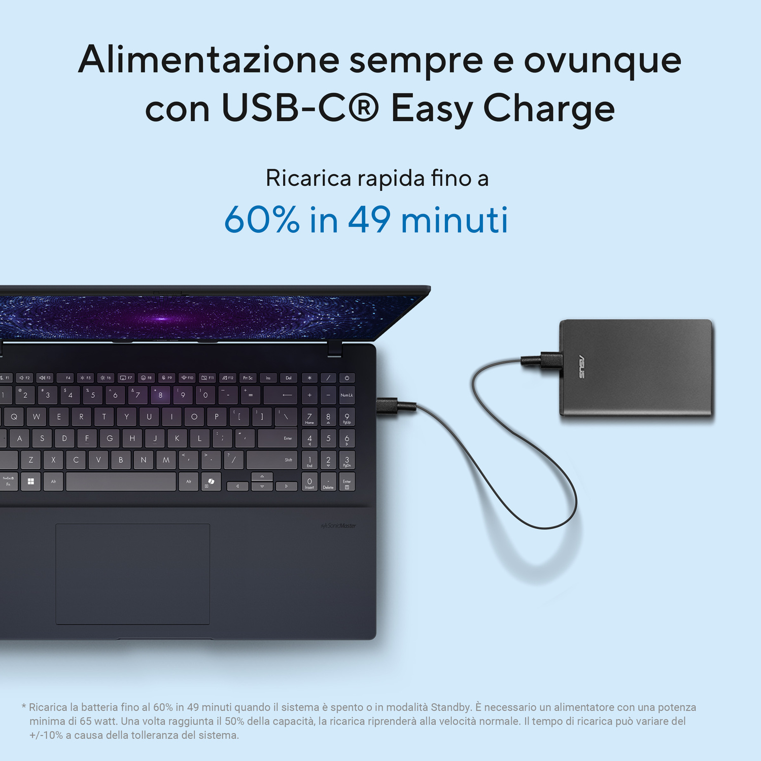 Un laptop si carica tramite USB-C. Un alimentatore è posizionato accanto.