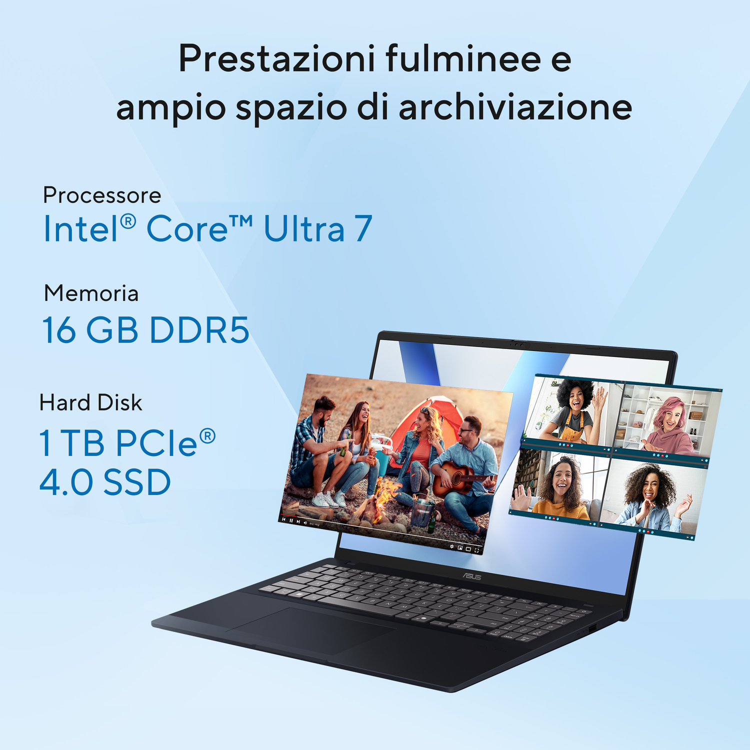Laptop con Intel Core Ultra 7, 16 GB DDR5, SSD da 1 TB. Mostra amici in campeggio e una videoconferenza.