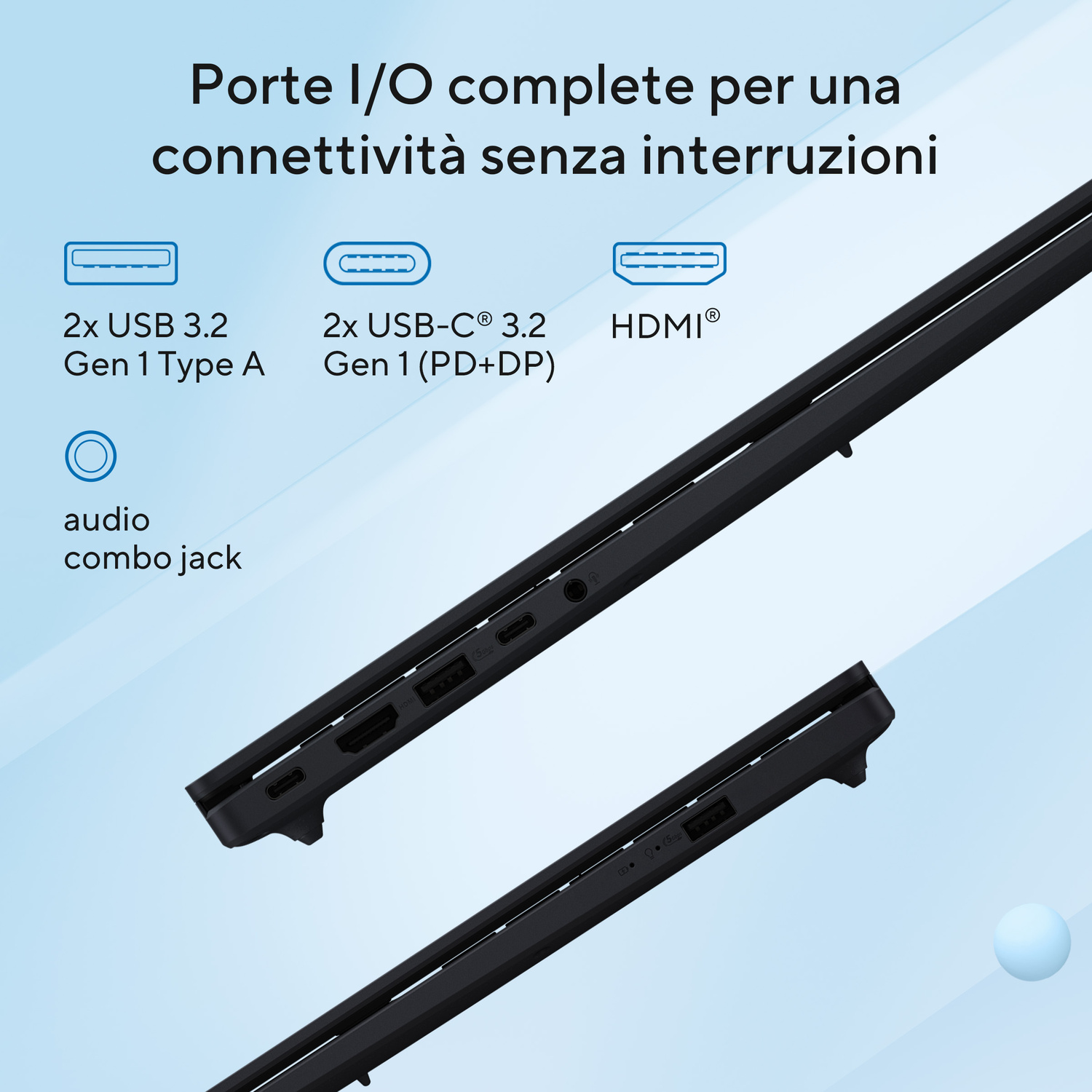 Porte del laptop: 2x USB-A, 2x USB-C, HDMI, jack audio combinato.