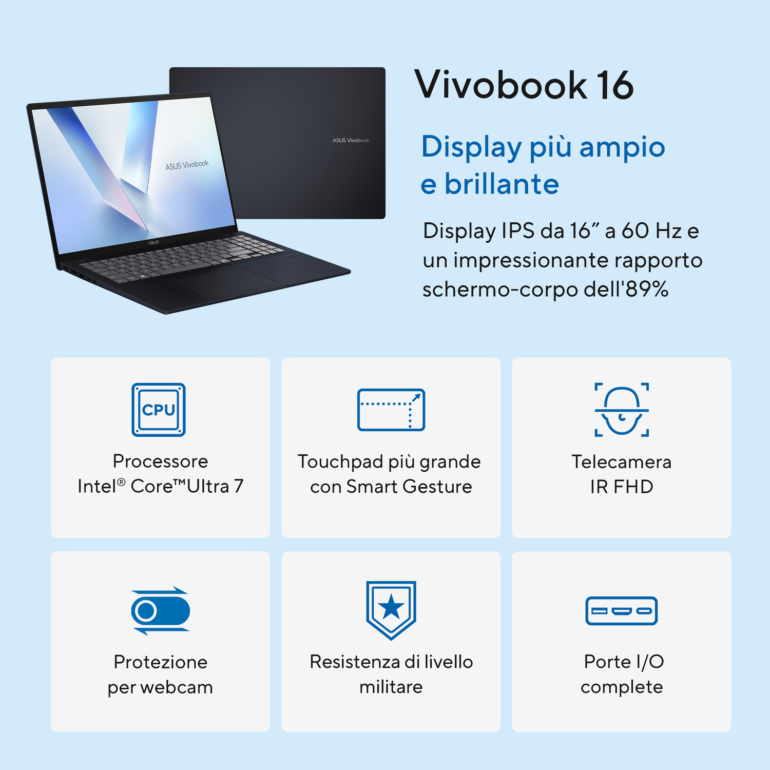Un laptop Asus Vivobook nero con display da 16" e CPU Intel Core Ultra 7.