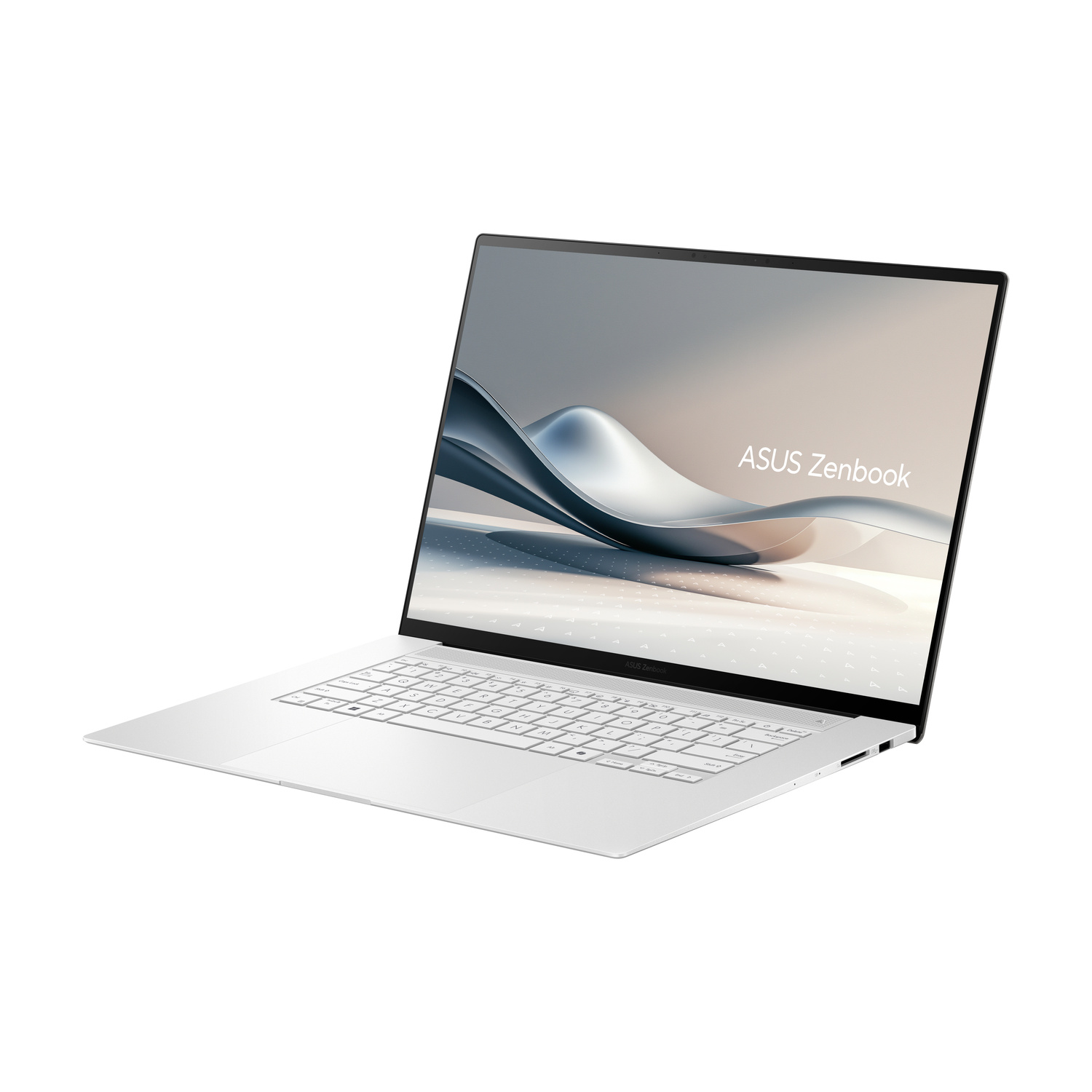 Un laptop ASUS Zenbook bianco con lo schermo aperto su sfondo bianco.