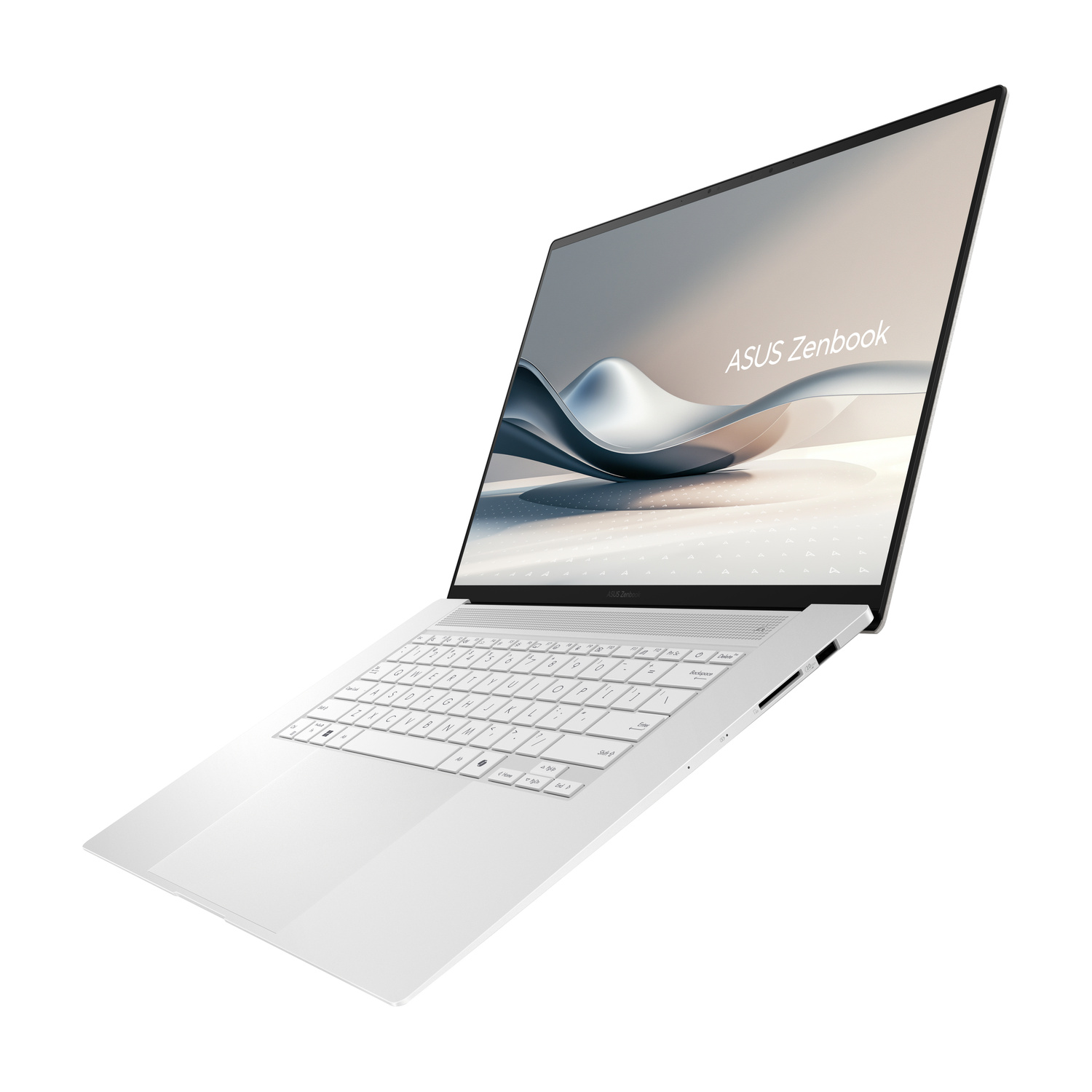 Un laptop bianco ASUS Zenbook è aperto, mostrando un design elegante e tastiera.