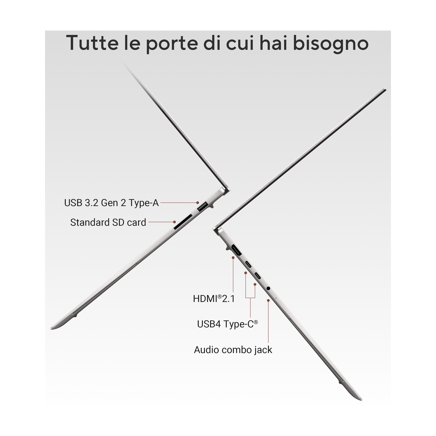 Due laptop argentati mostrati di lato, con dettagli sulle porte: USB-A, scheda SD, HDMI, USB-C, jack audio.
