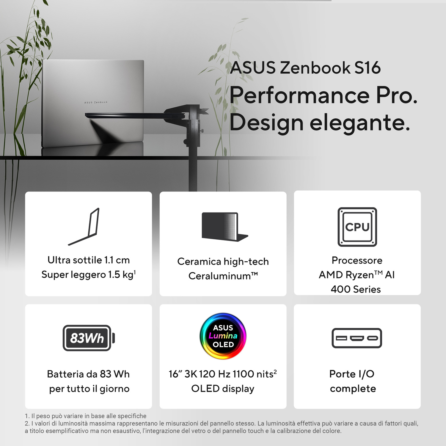 Un laptop con scritta ASUS Zenbook S16, sottile, leggero, con CPU, display OLED e porte.
