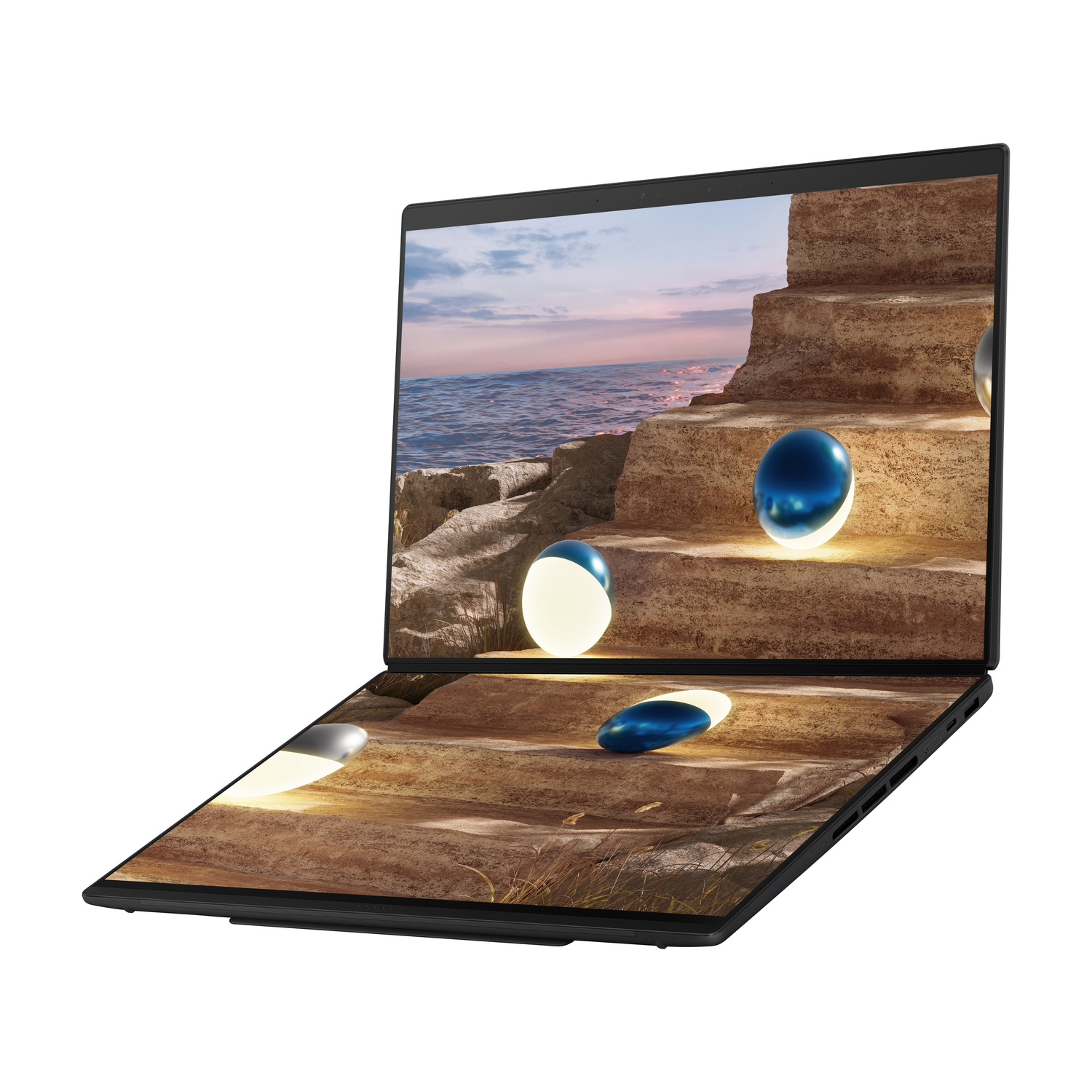 Un laptop a doppio schermo mostra un sereno paesaggio marino con scale e sfere luminose.