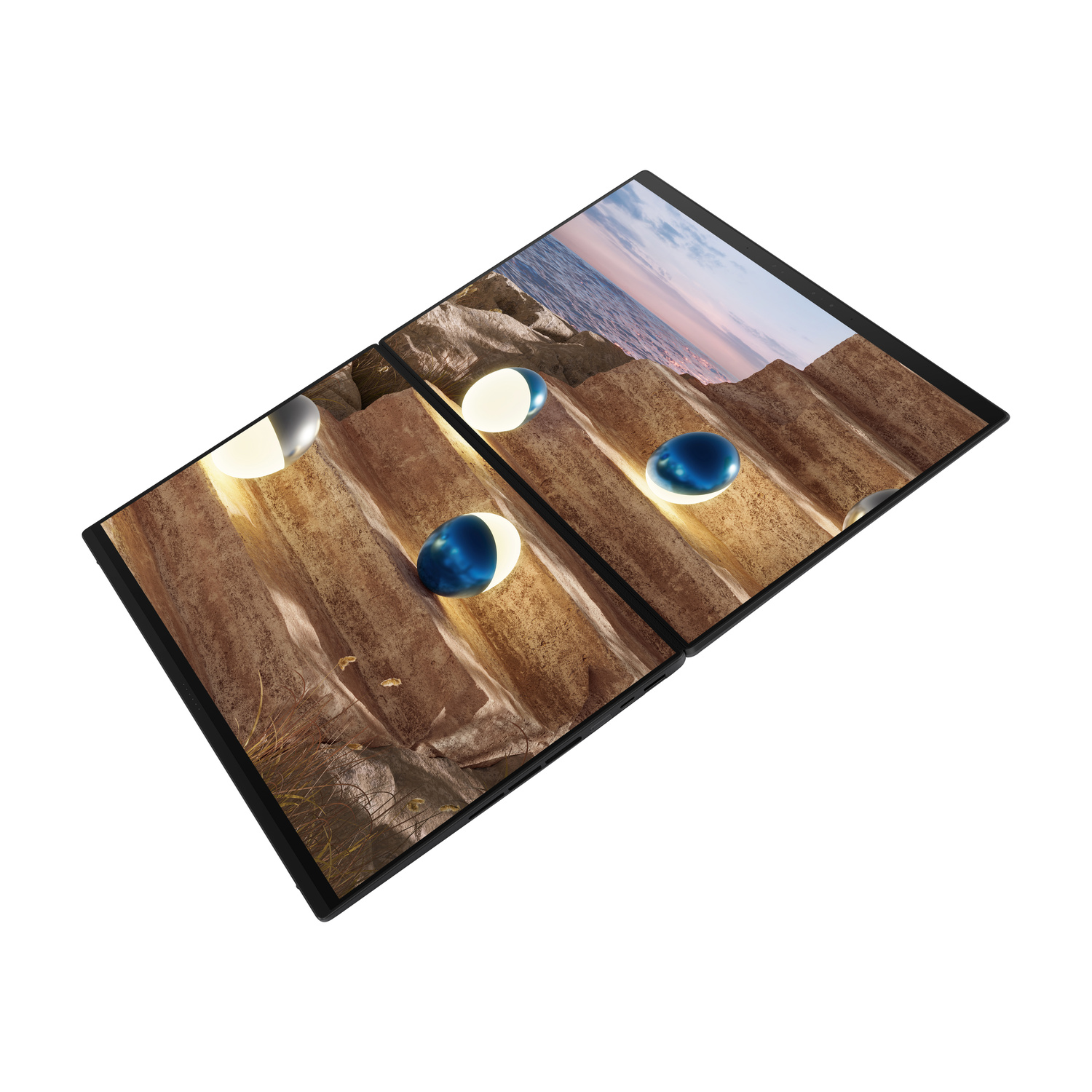 Un dispositivo a doppio schermo mostra un paesaggio con terreno roccioso, sfere blu e luci brillanti.