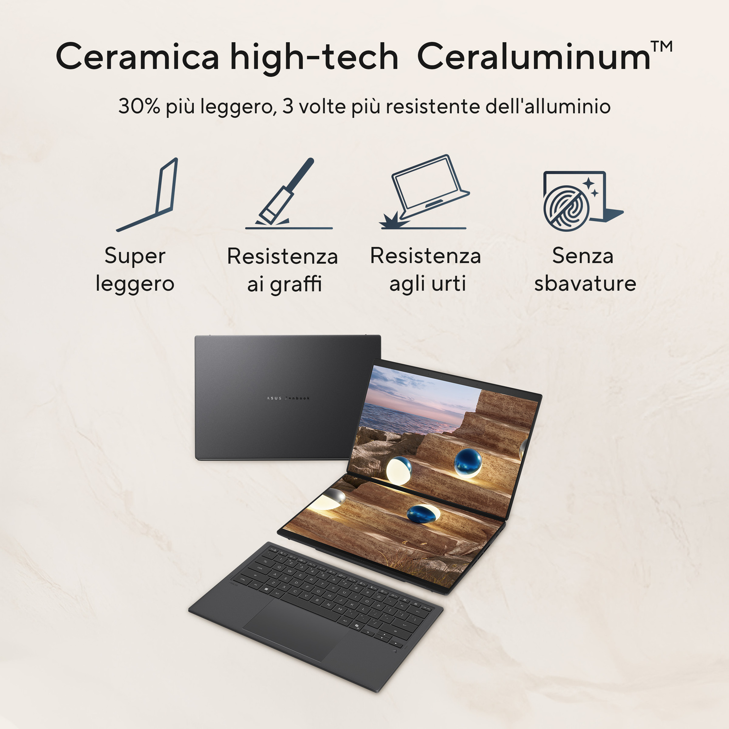 Un laptop scuro, aperto, mostra due schermi con immagini di paesaggi e decorazioni.