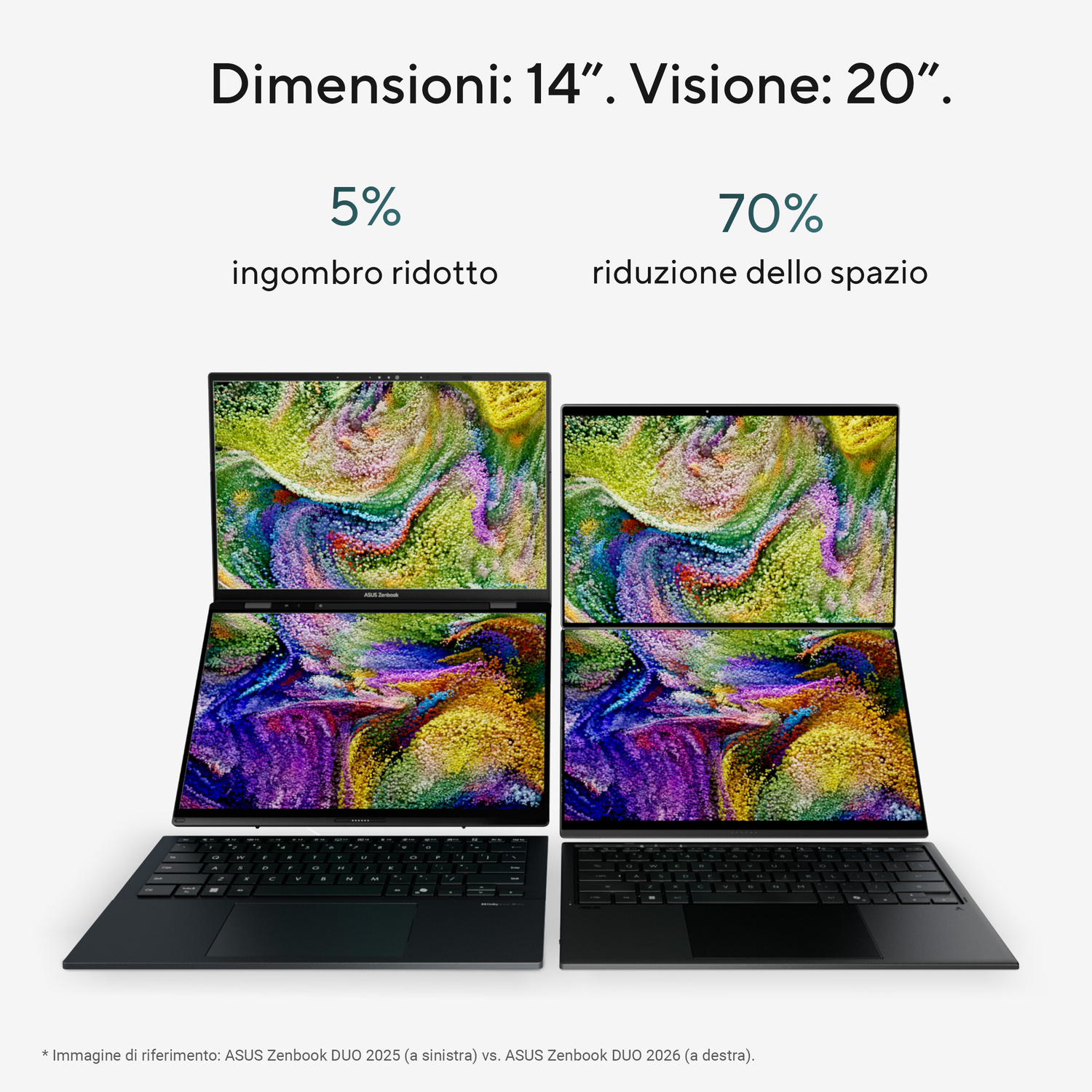 Due laptop neri dual-screen con motivi astratti colorati.
