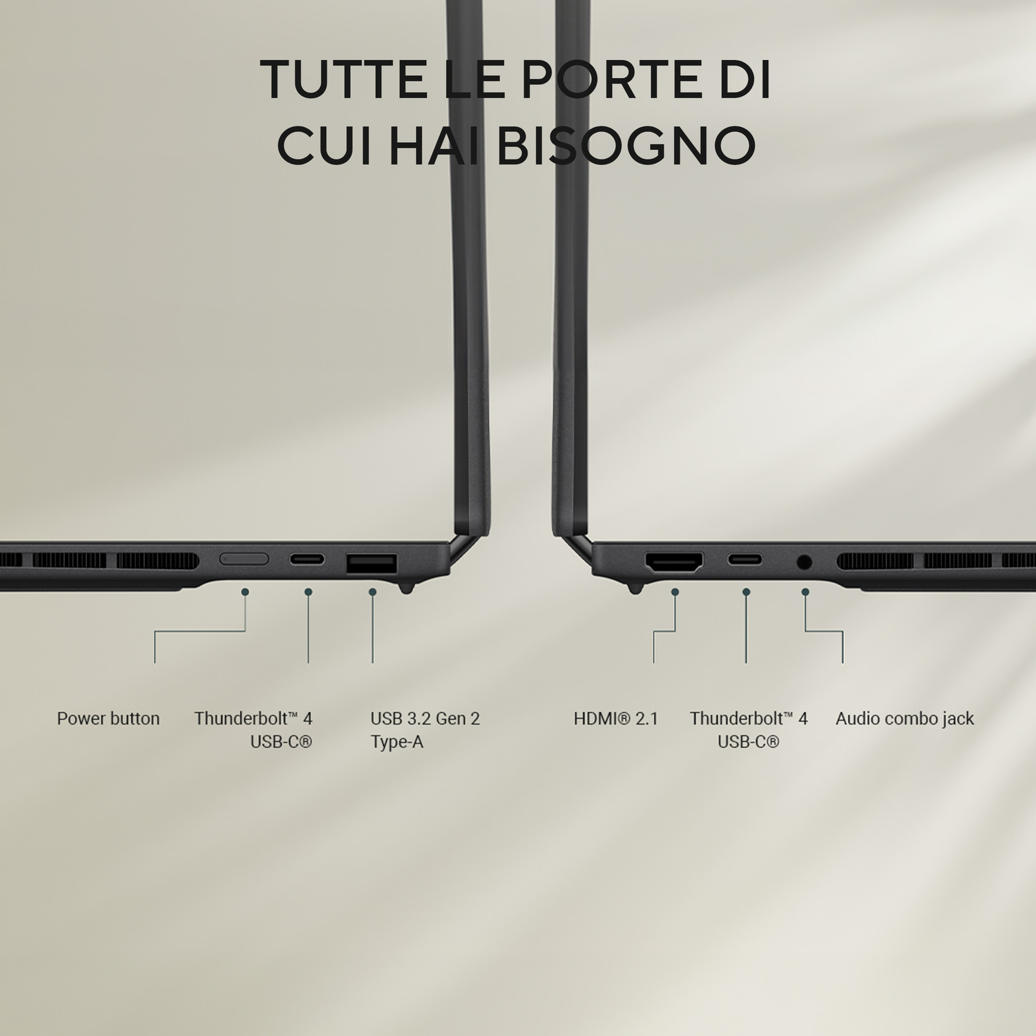 Due laptop con porte: Alimentazione, USB-C, USB-A, HDMI, Audio.