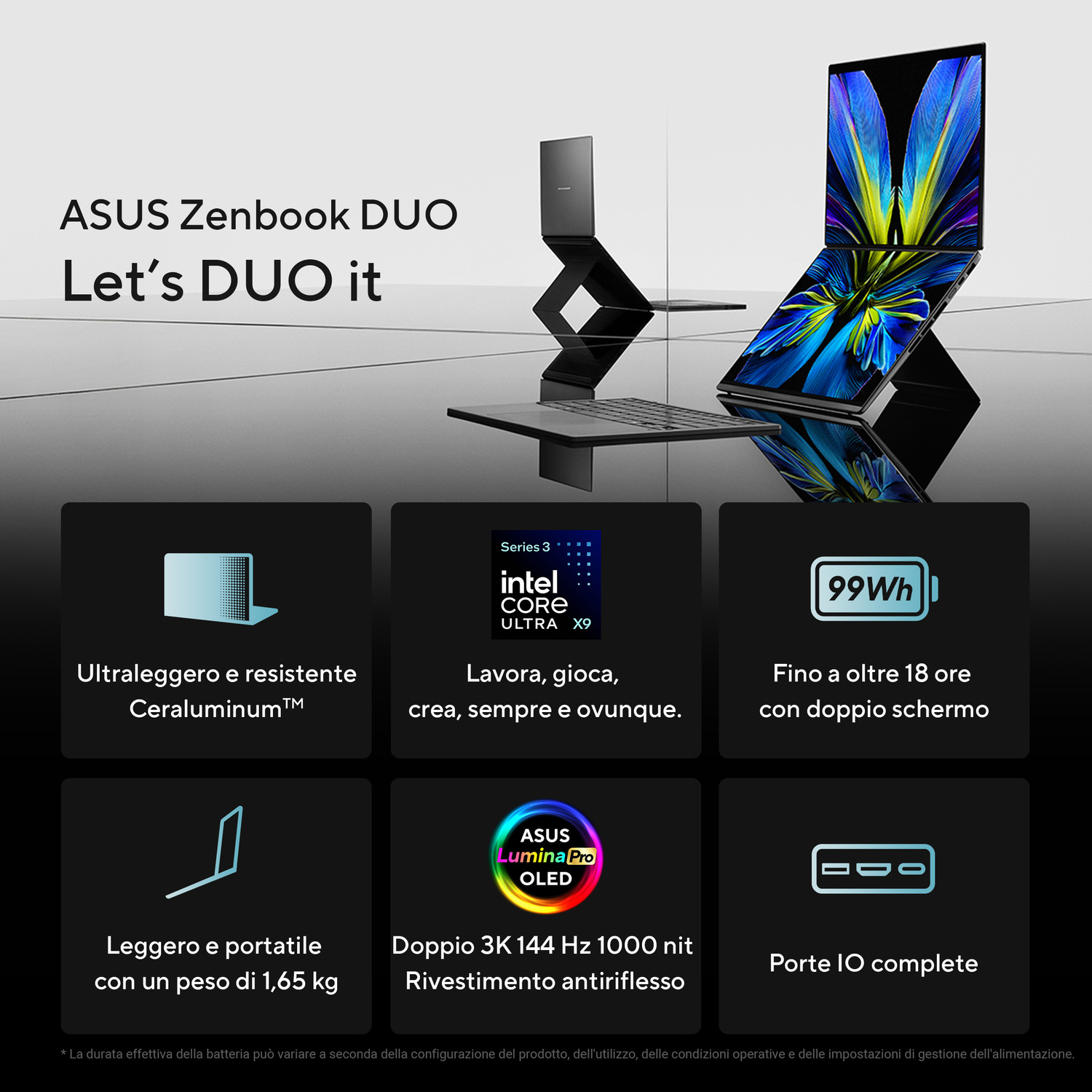 Laptop ASUS Zenbook DUO con doppio schermo, Intel Core Ultra X9 e batteria da 99Wh.