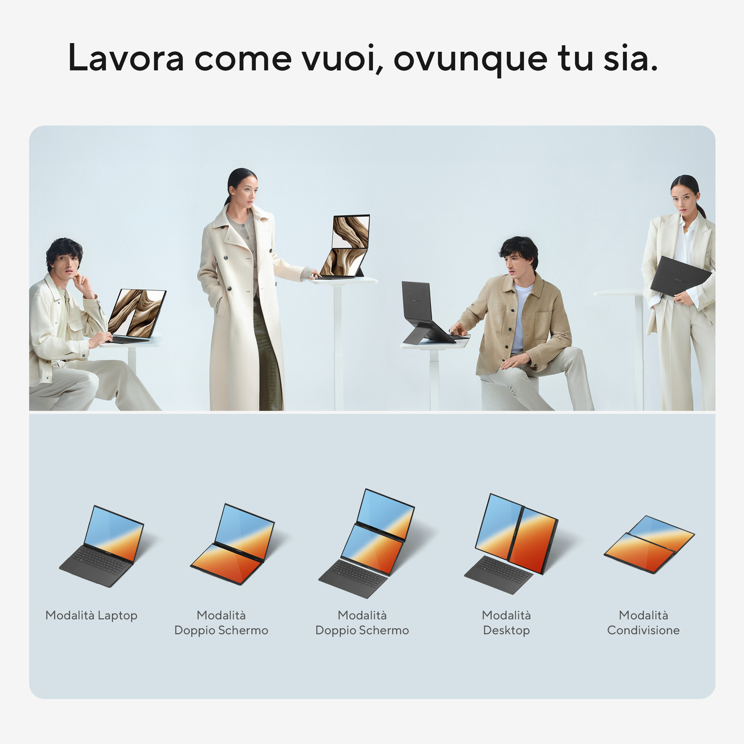 Persone che usano laptop in varie modalità. Laptop mostrati in configurazioni a schermo diviso.