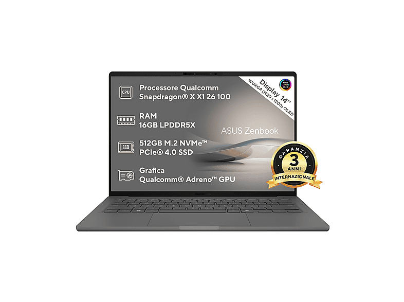 ASUS Zenbook A14 UX3407 NOTEBOOK, 14 '', processore Qualcomm Snapdragon X X1 26 100, Adreno™ Onboard Graphics, RAM 16 GB, 512 GB SSD, Grey, Windows 11 Home