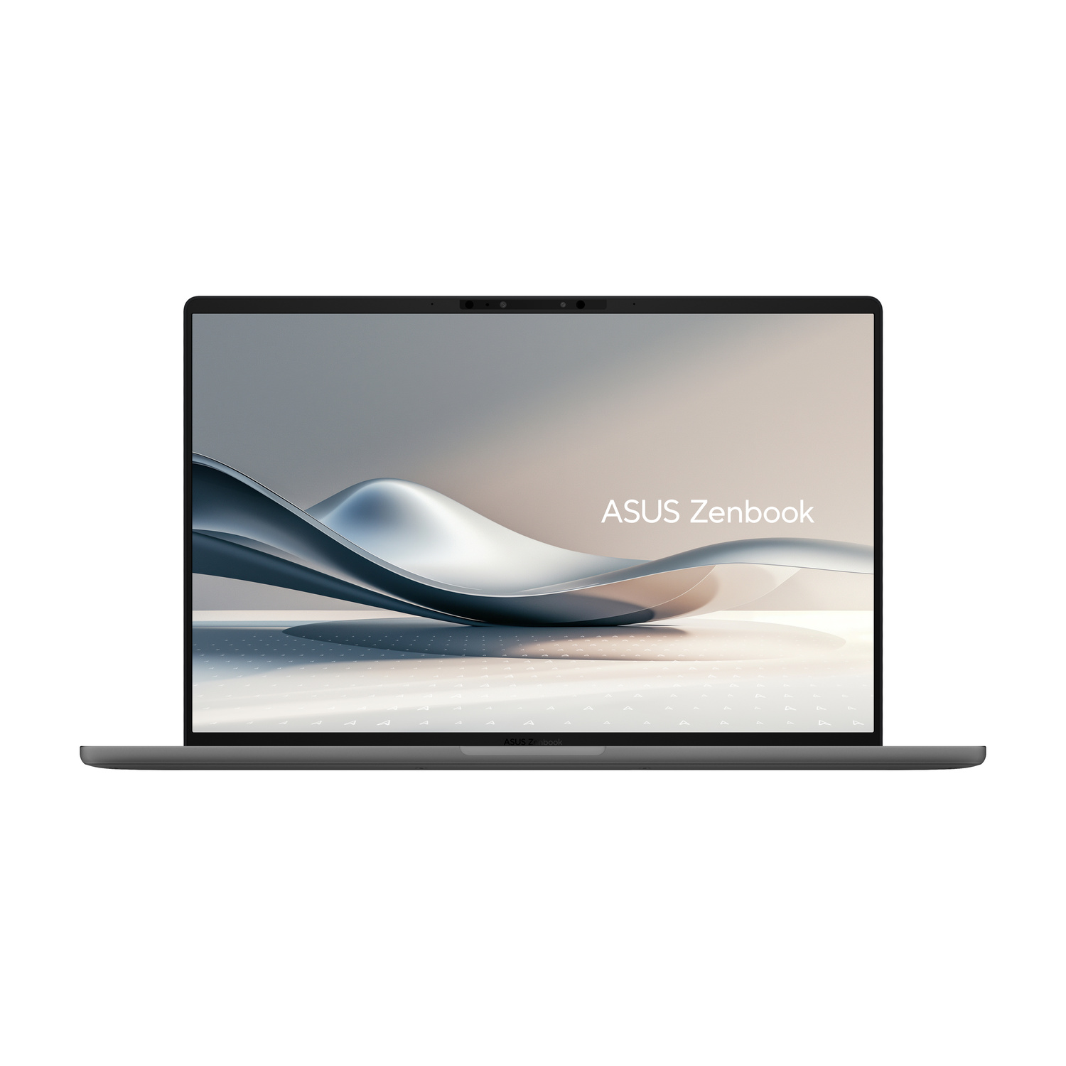 Un laptop grigio chiuso con il logo ASUS Zenbook sullo schermo.