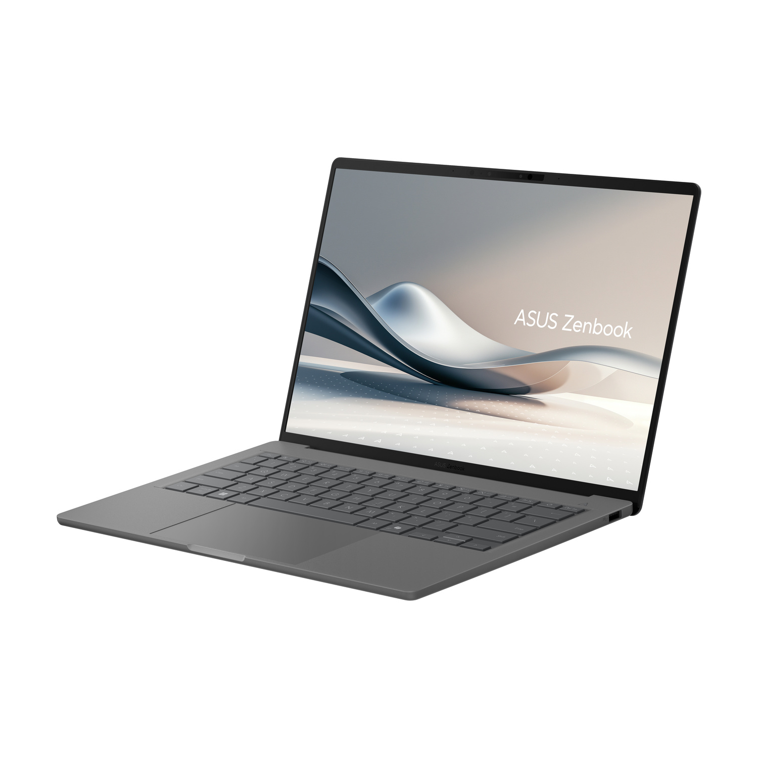 Laptop grigio ASUS Zenbook con tastiera e schermo che mostra ASUS Zenbook.