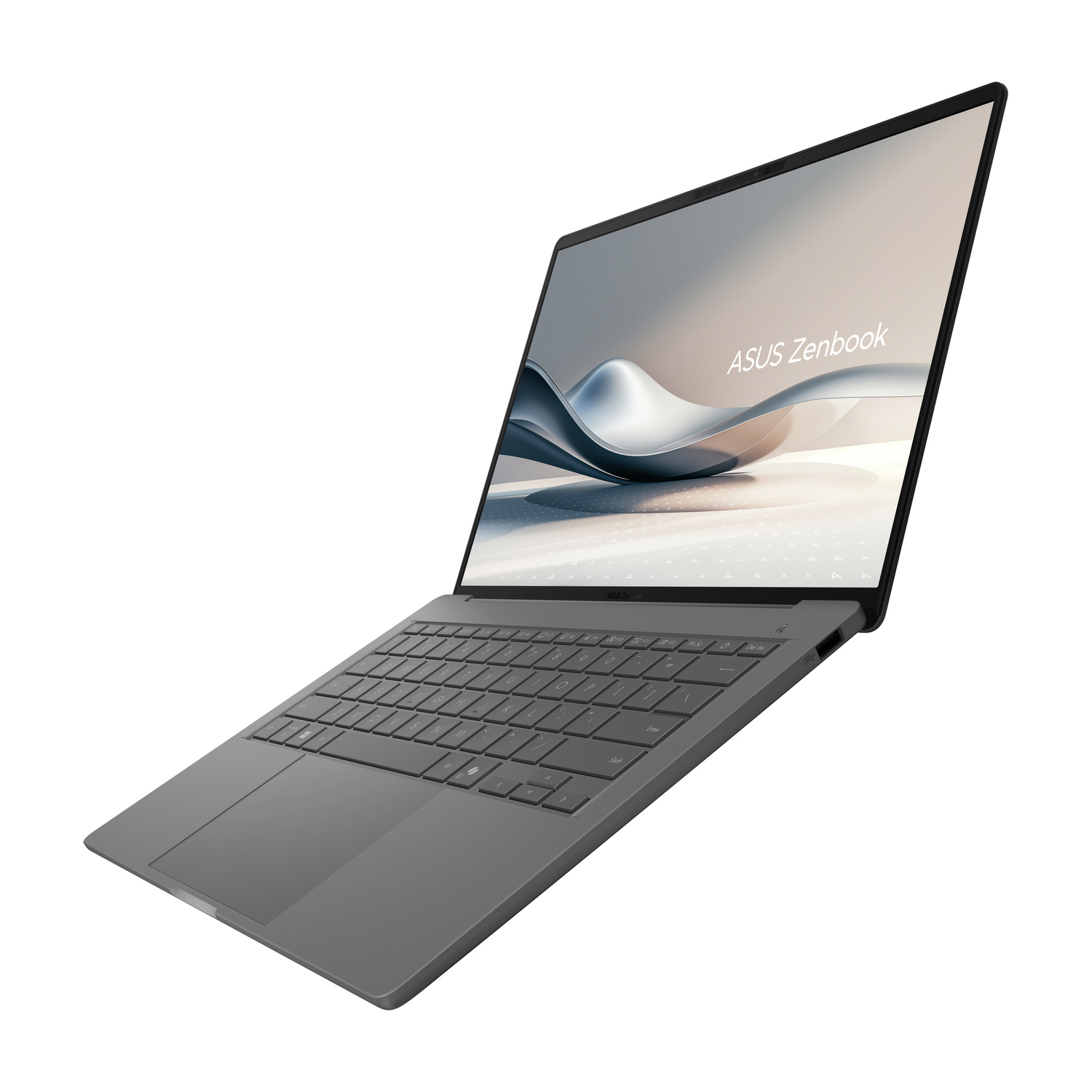 Un laptop Asus Zenbook grigio, su sfondo bianco.