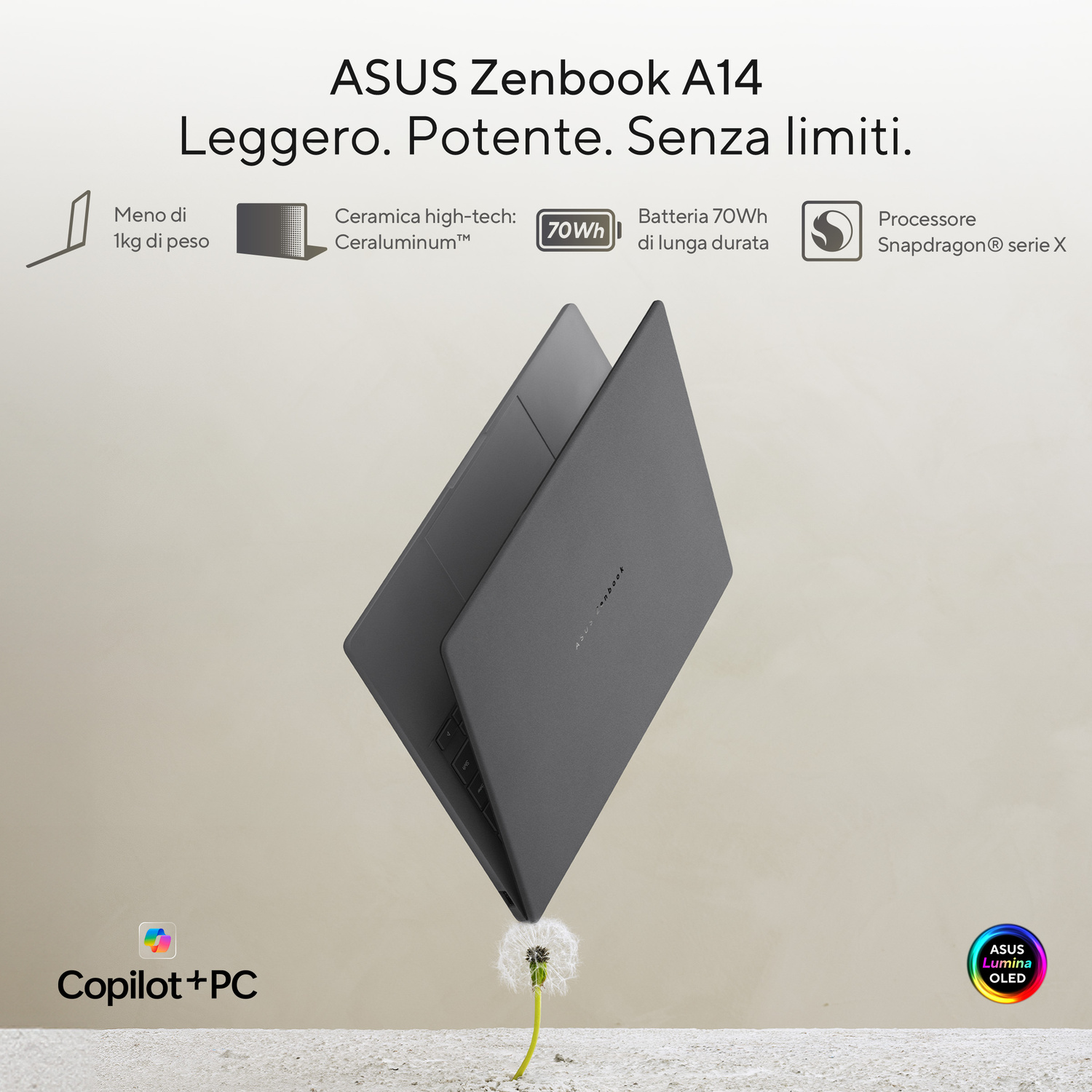 ASUS Zenbook A14: leggero, potente, senza limiti. Batteria 70Wh, Snapdragon X.
