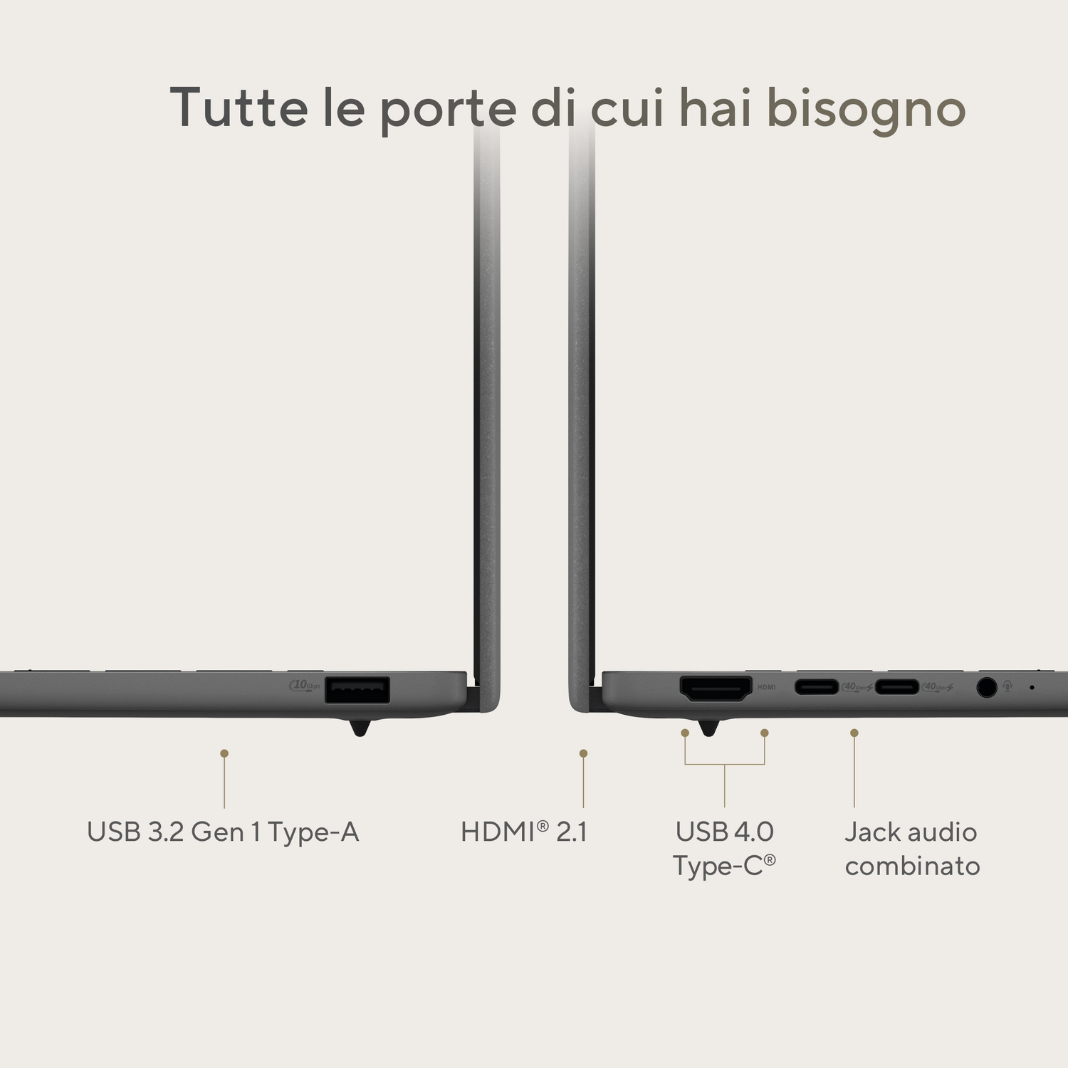 Porte laptop: USB-A, HDMI 2.1, 2x USB-C, jack audio.