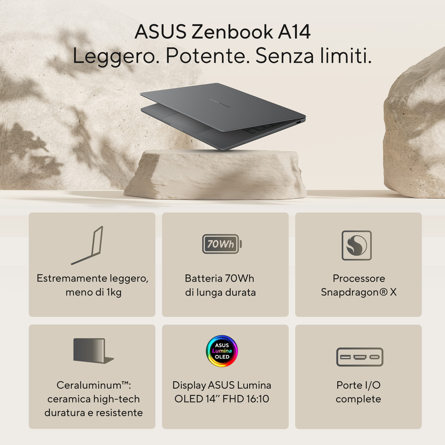 Un laptop ASUS Zenbook A14 grigio è esposto su un piedistallo. Dettagli su batteria, processore, display e altro.