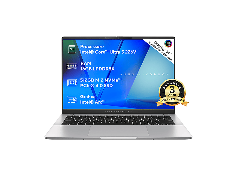 ASUS Vivobook S14 S5406 NOTEBOOK, 14 '', processore Intel® Core Ultra 5 226V, Arc™ GPU, RAM 16 GB, 512 GB SSD, Silver, Windows 11 Home