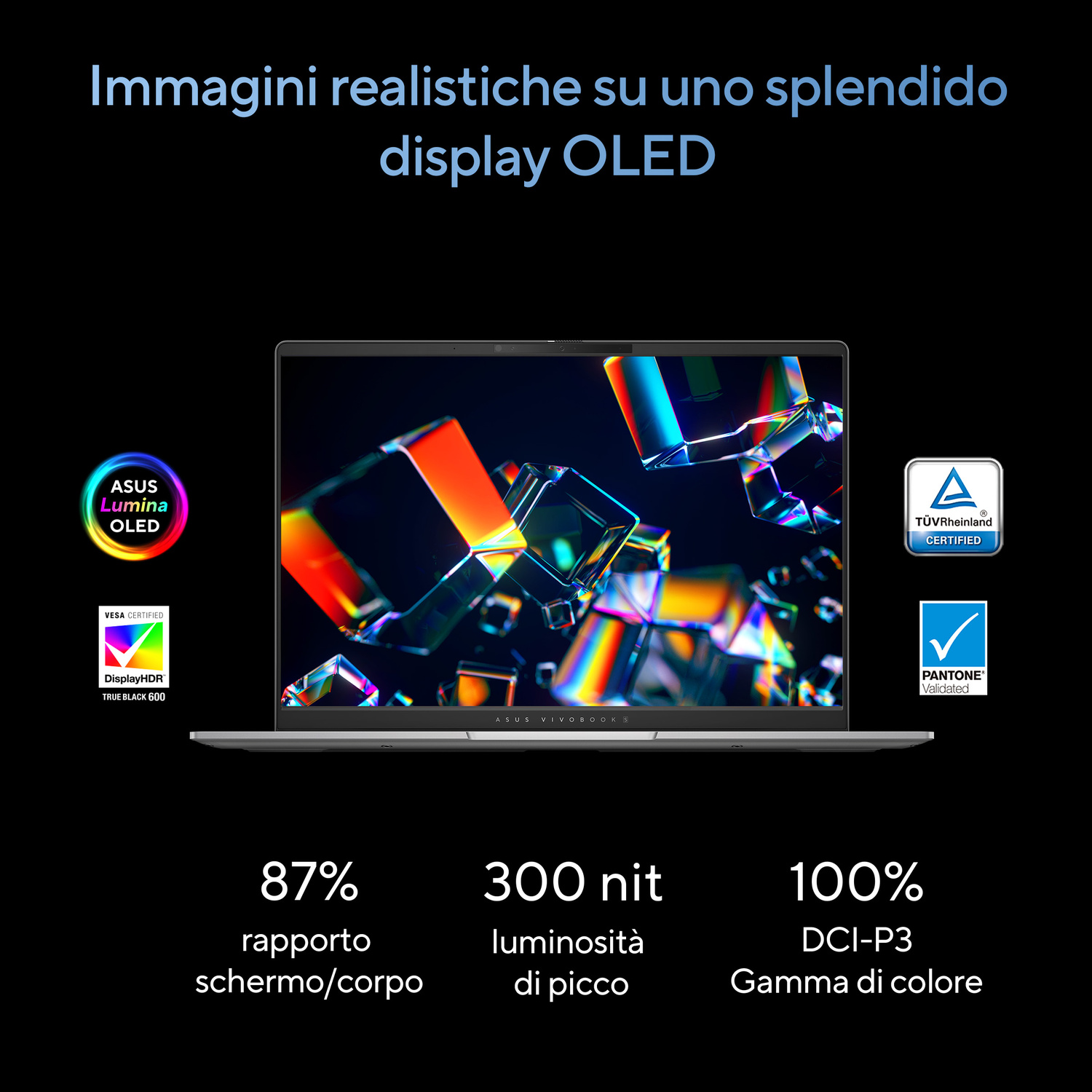 Un laptop con display OLED vibrante, loghi e specifiche.
