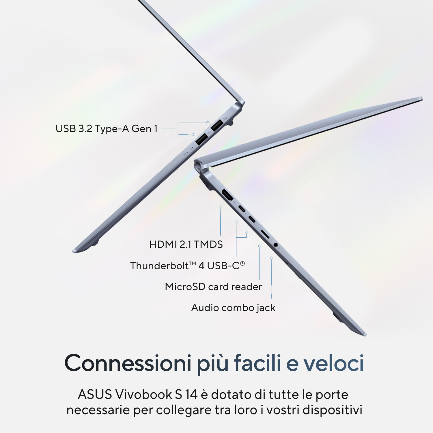 Laptop ASUS argento aperto, mostra porte USB-A, HDMI, Thunderbolt 4, MicroSD e audio.