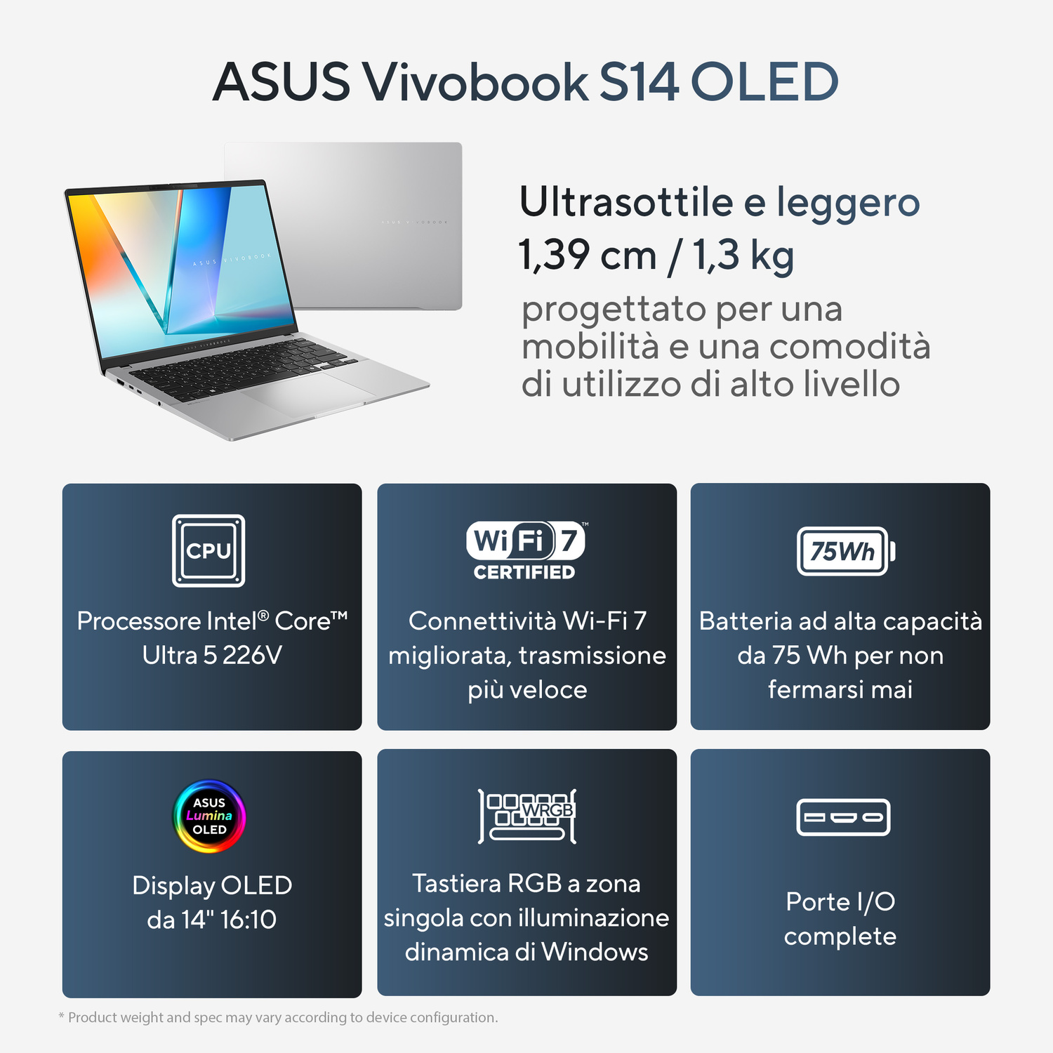 Portatile Asus Vivobook S14 argento con Intel Core Ultra 5, display OLED, Wi-Fi 7.