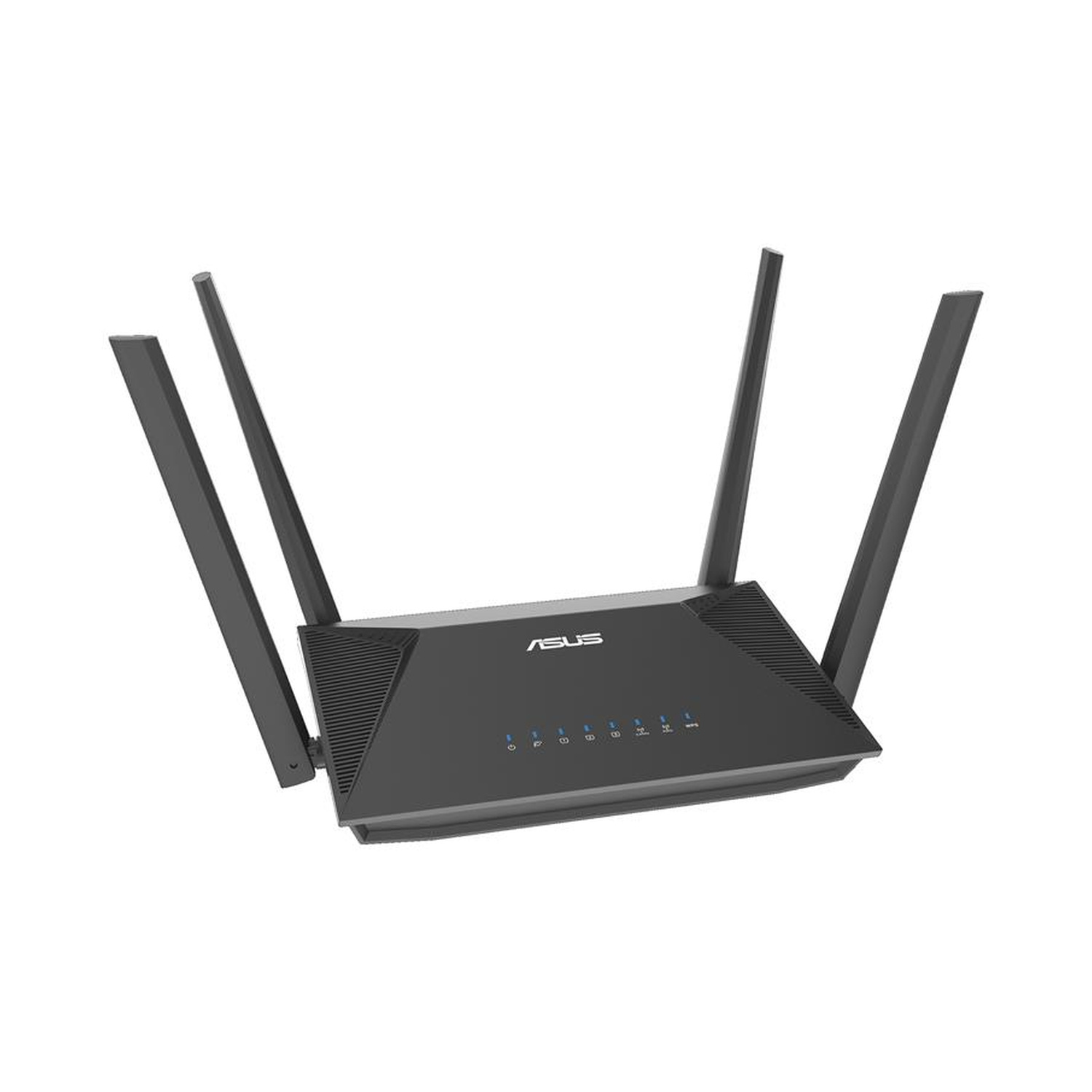 Un router Asus nero con quattro antenne e indicatori LED blu.