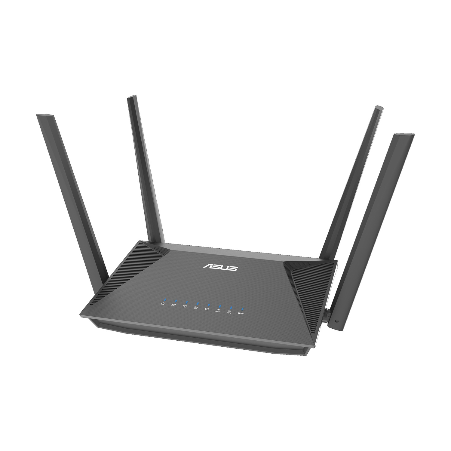 Router ASUS nero con quattro antenne e indicatori LED blu.