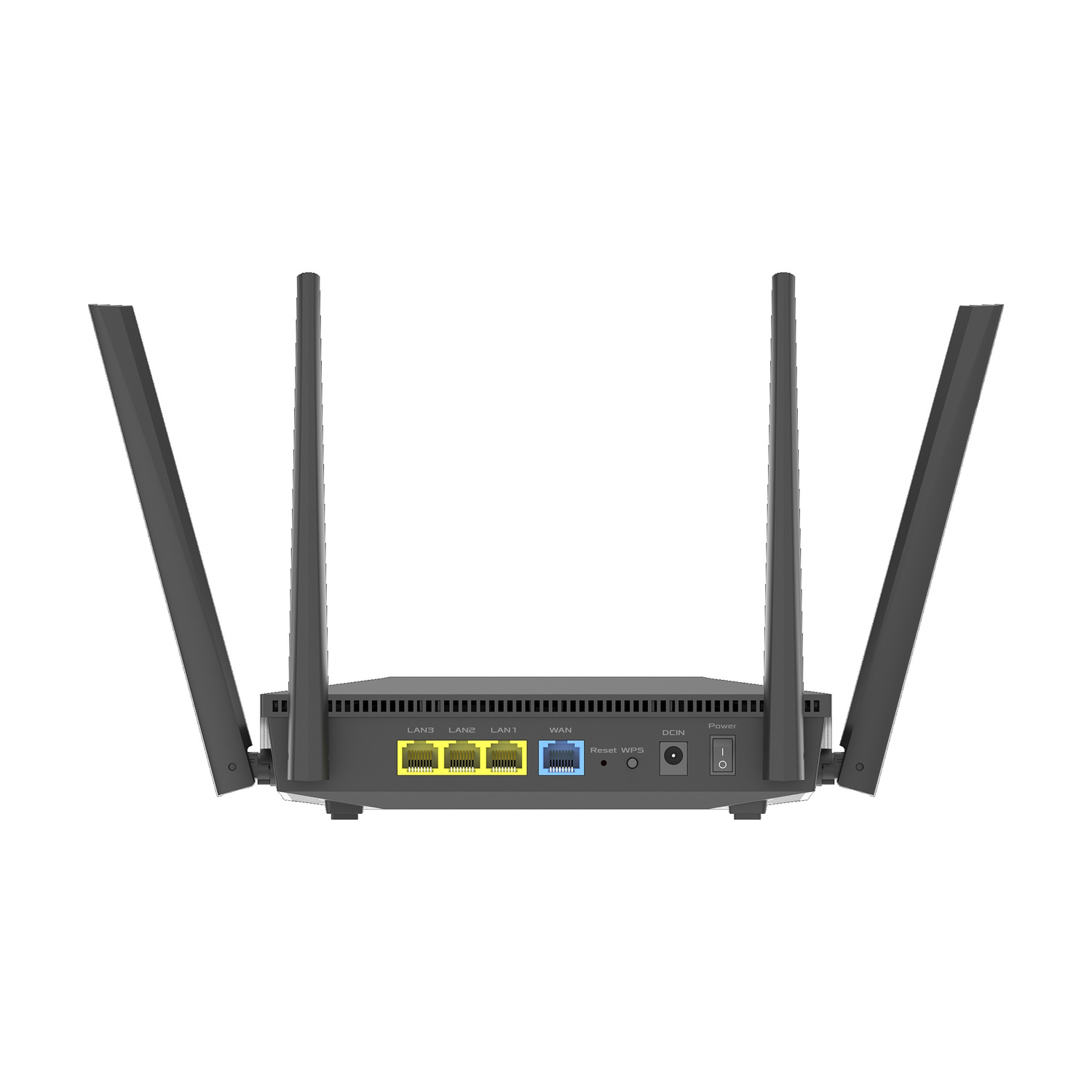 Un router nero con quattro antenne e porte LAN, WAN, DCIN e Power.