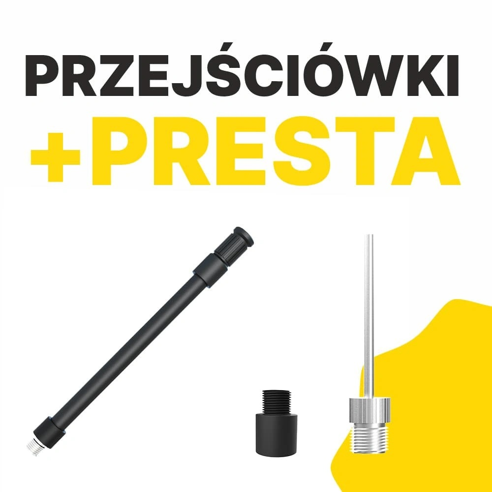 Czarny wąż i srebrna igła z gwintowanym złączem na żółtym tle.