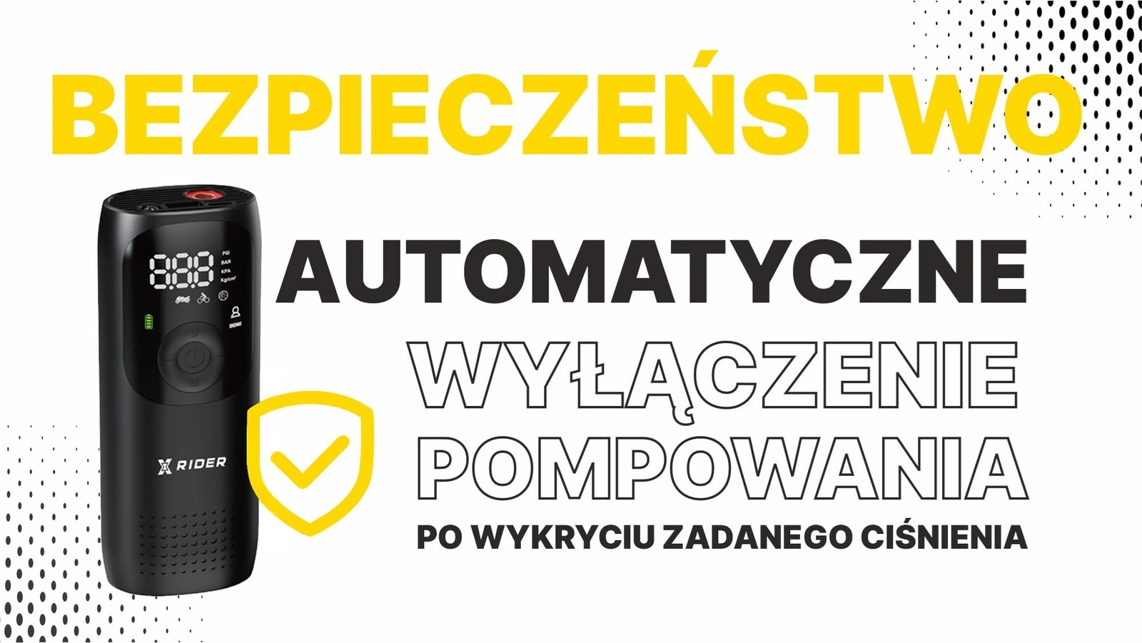 Czarny przenośny kompresor z wyświetlaczem cyfrowym i ikoną bezpieczeństwa.