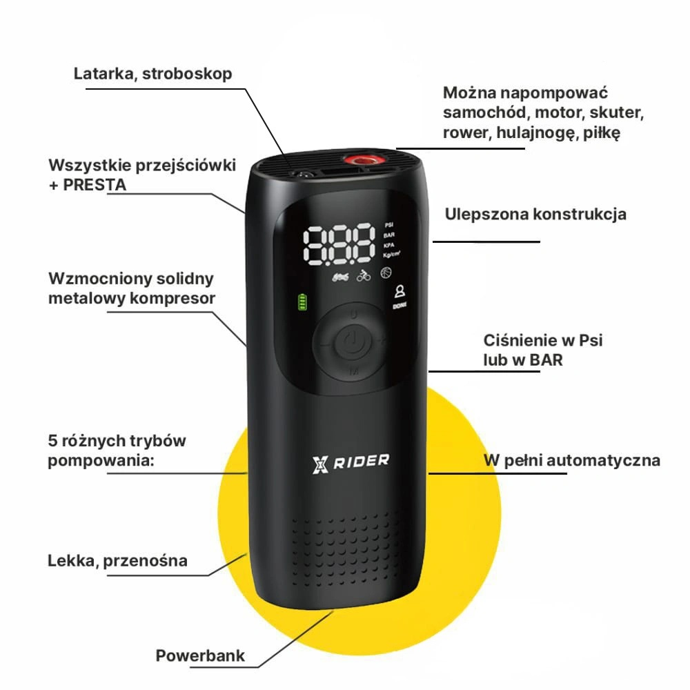 Czarny przenośny kompresor z cyfrowym wyświetlaczem, światłem LED, portem USB i różnymi końcówkami.
