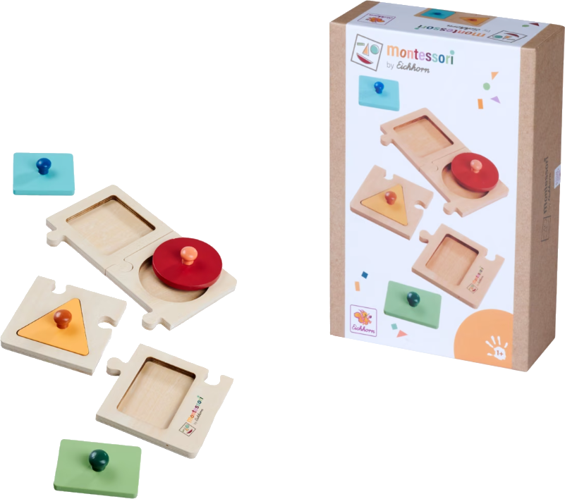Holz-Sortierspiel mit Formen: Kreis, Dreieck, Rechteck und Knöpfen.