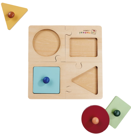 Ein Holz-Formenpuzzle mit Kreisen, Quadraten und Dreiecken in verschiedenen Farben.