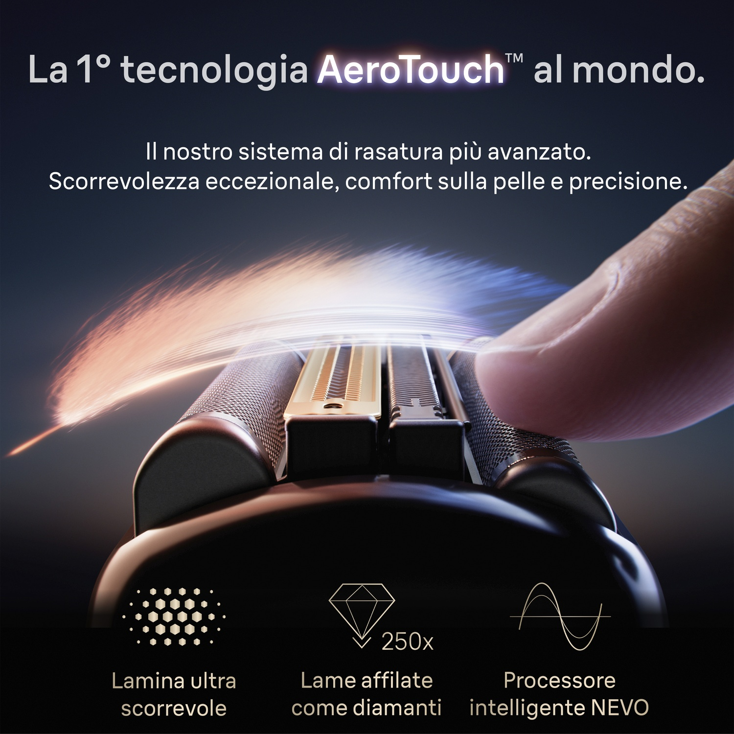 Un dito tocca un rasoio avanzato con tecnologia AeroTouch.