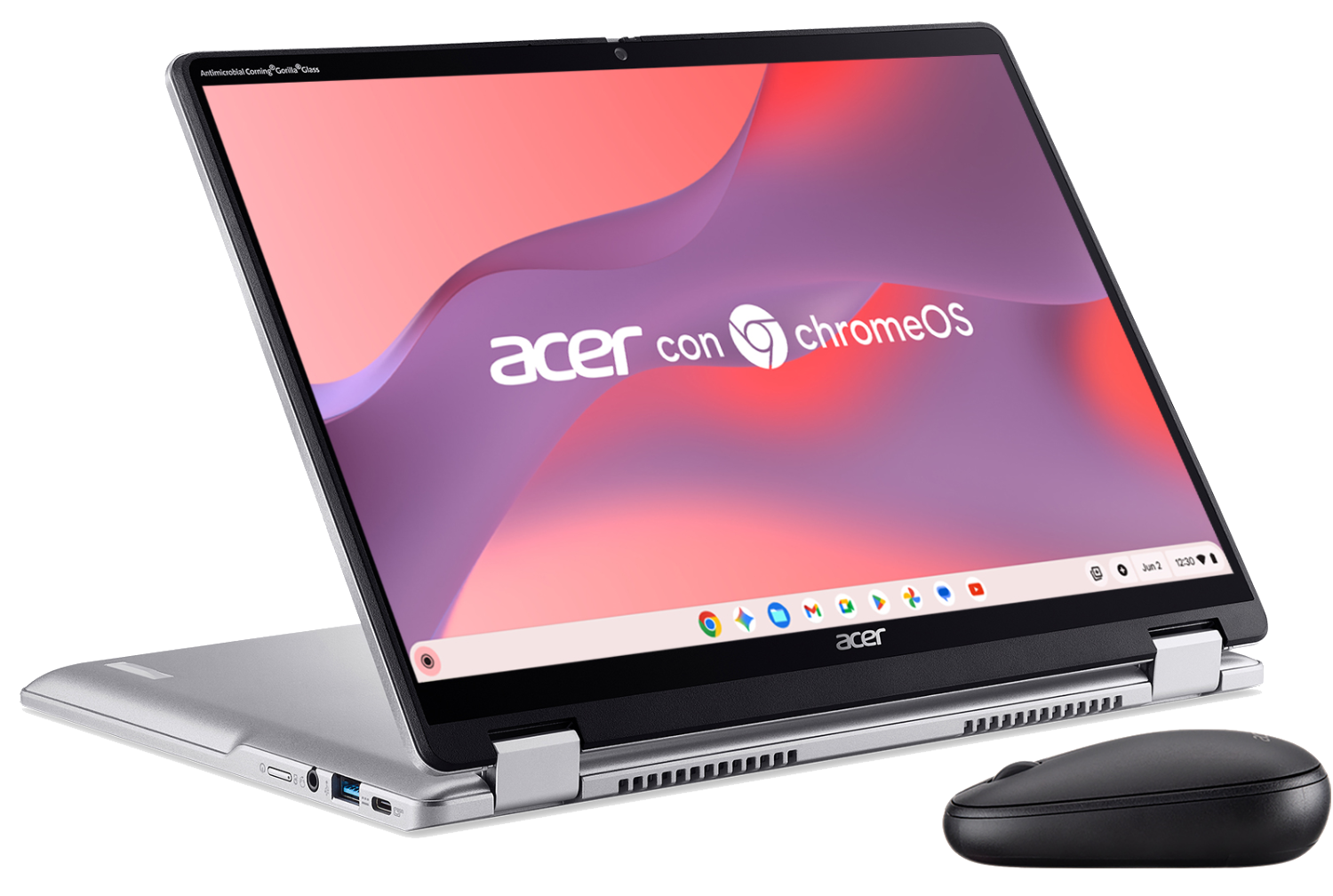 Un portátil convertible plateado Acer con ChromeOS y un ratón negro sobre fondo negro.