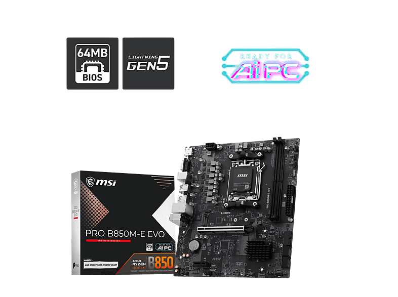 MSI Pro B850M-E Evo AM5 DDR5 8200MHZ(OC) HDMI VGA M.2 USB 5Gbs 2.5G LAN mATX Anakart