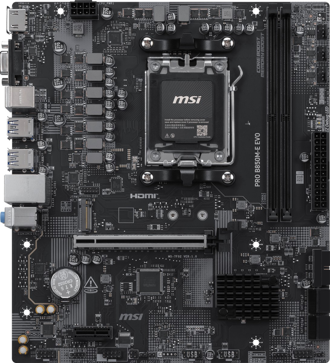 CPU soketi, RAM yuvaları ve konektörleri olan siyah bir MSI anakart.
