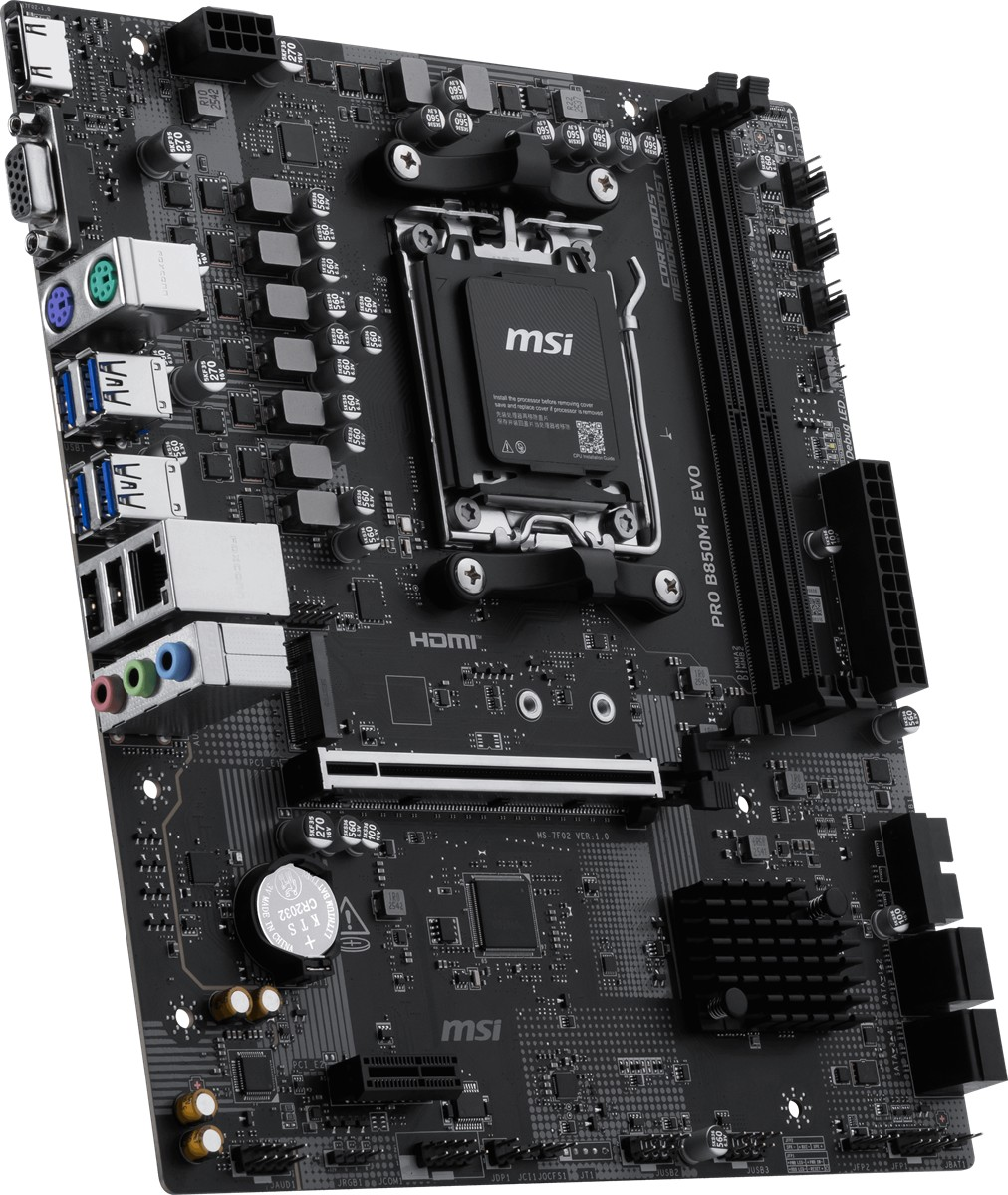 CPU soketi, RAM yuvaları, bağlantı noktaları ve M.2 yuvası olan siyah anakart.