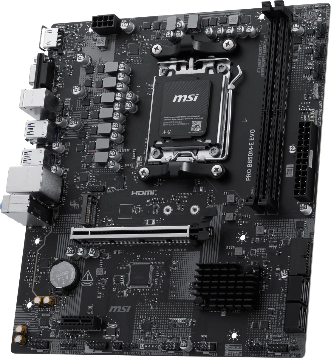 CPU soketi, RAM yuvaları ve bağlantı noktalarına sahip siyah bir MSI PRO B850M-E EVO anakart.
