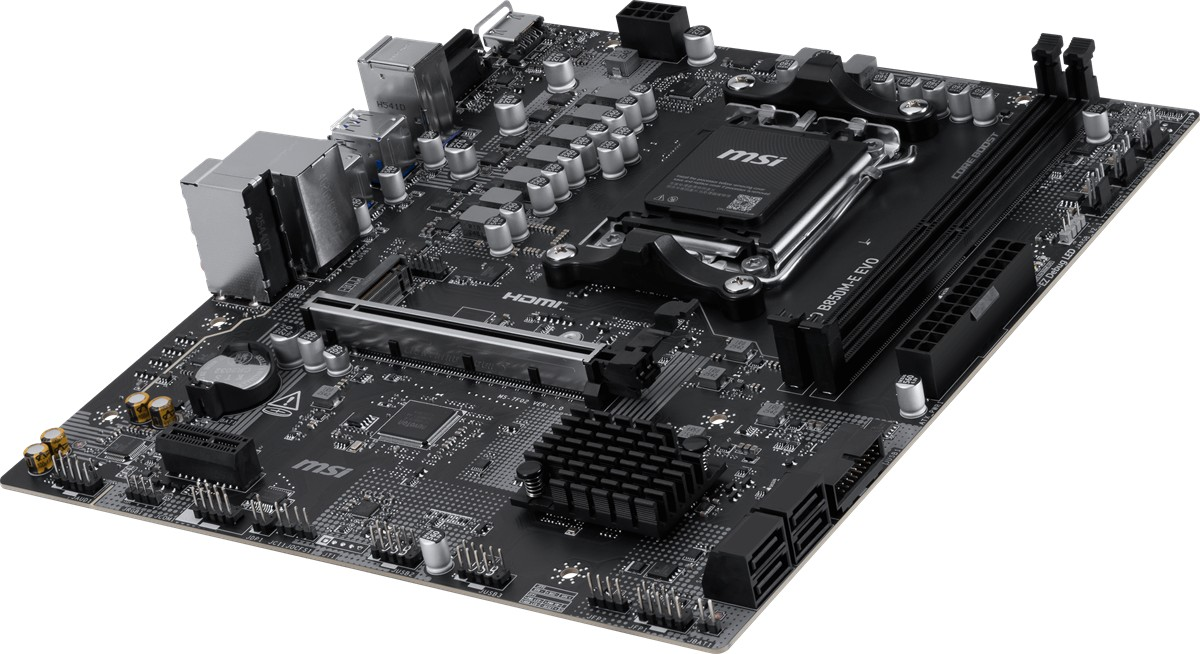 CPU soketi, RAM yuvaları ve G/Ç bağlantı noktalarına sahip siyah MSI B850M-E EVO anakart.