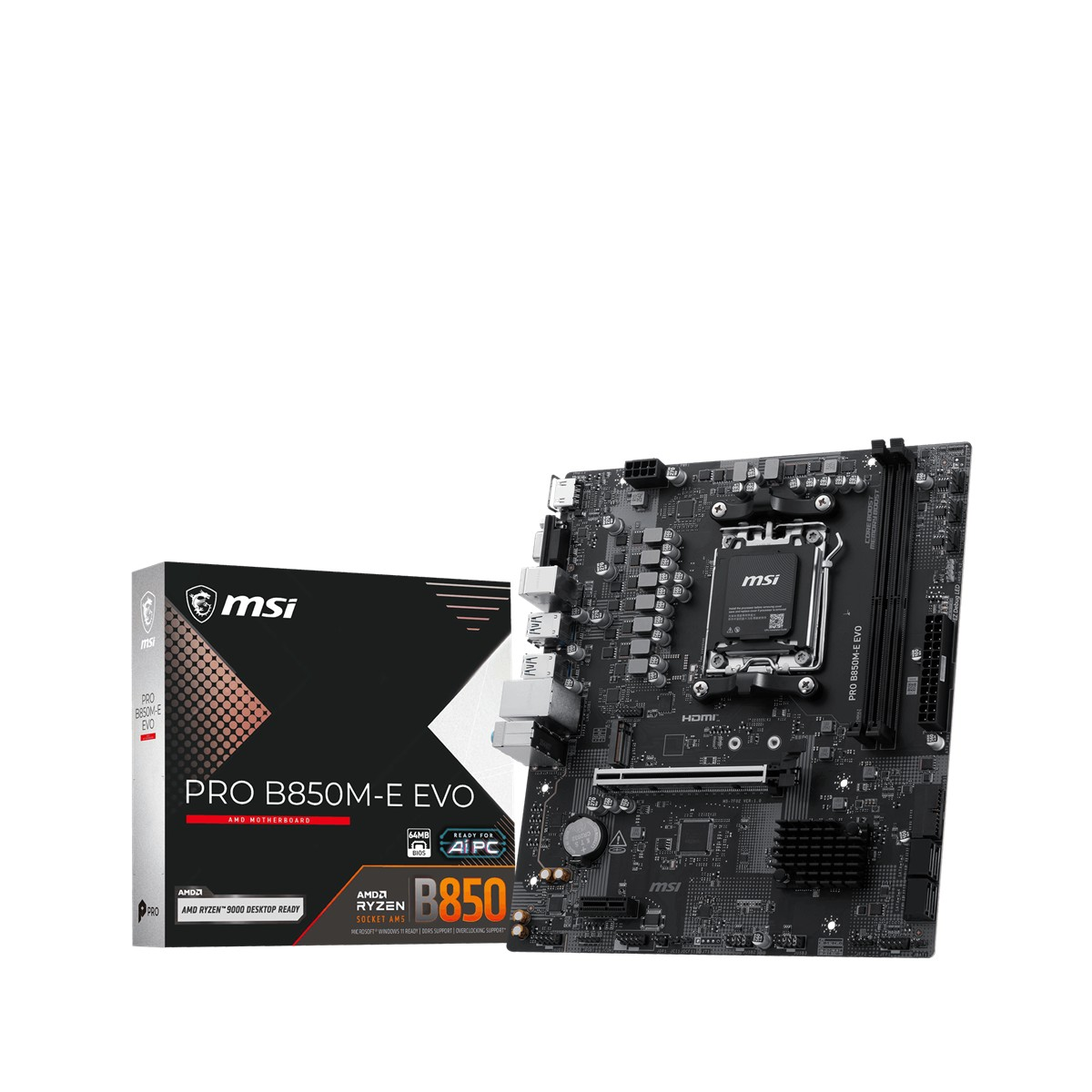 MSI PRO B850M-E EVO anakartı ve kutusu beyaz arka planda.