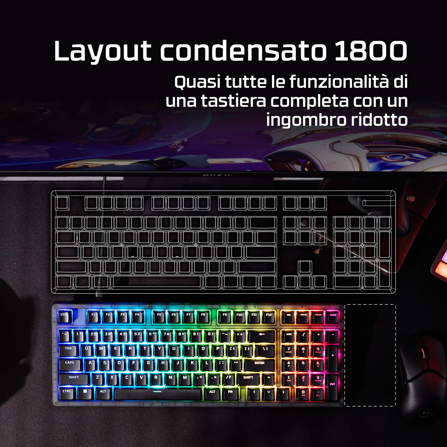 Una tastiera compatta con illuminazione RGB e layout completo dei tasti.