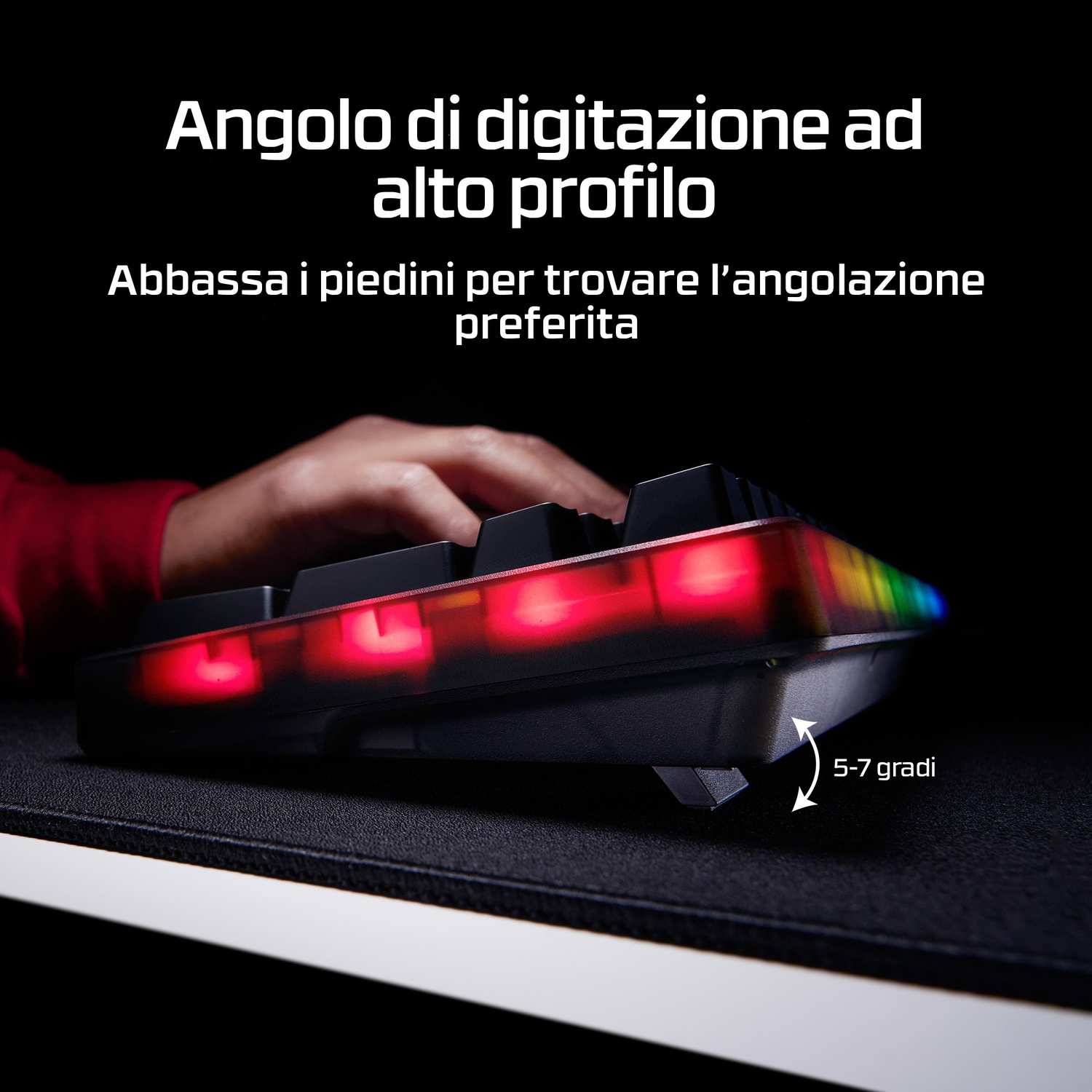 Tastiera con piedini estraibili per un'angolazione di 5-7 gradi.