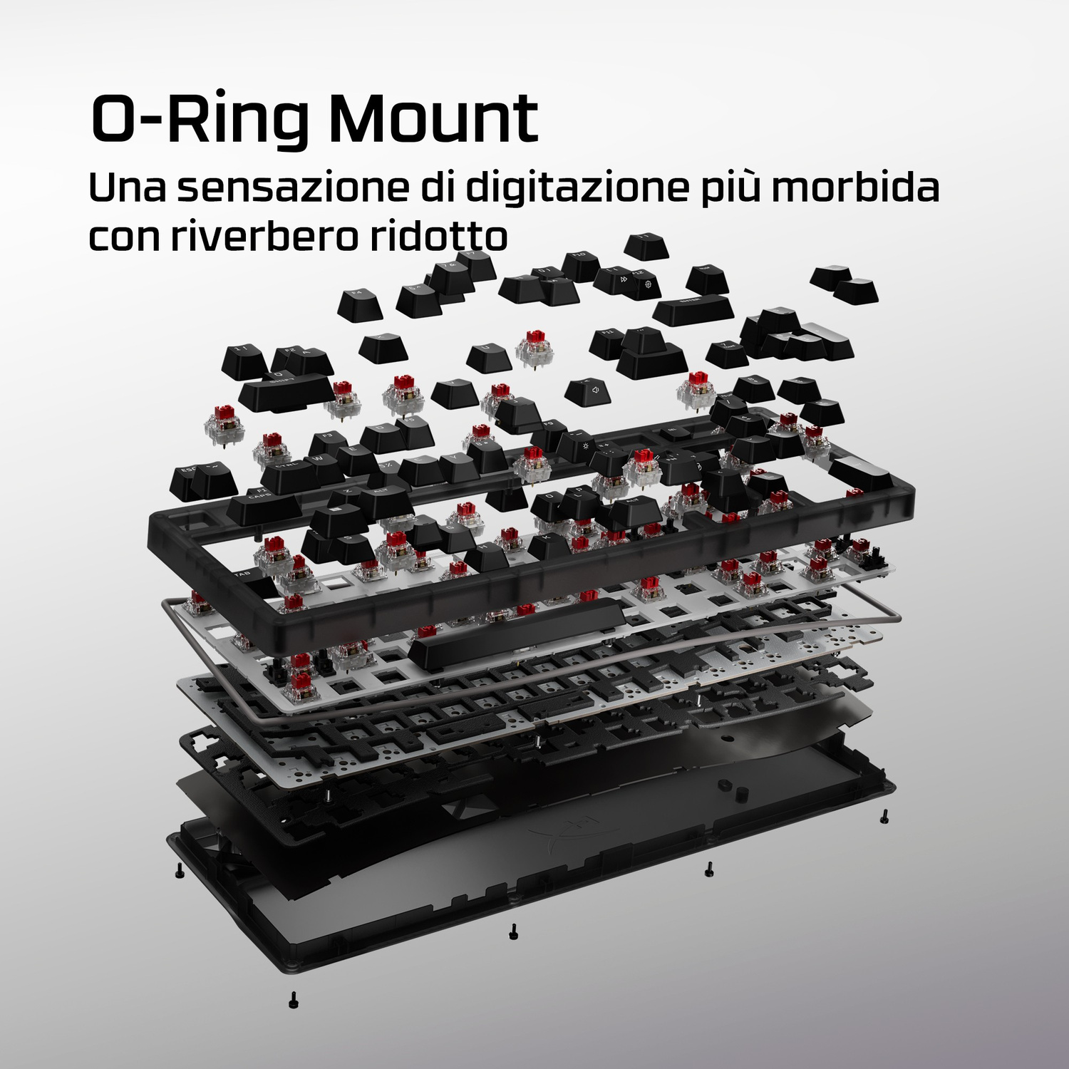 Vista esplosa di una tastiera con montaggio O-ring, tasti neri e switch rossi.