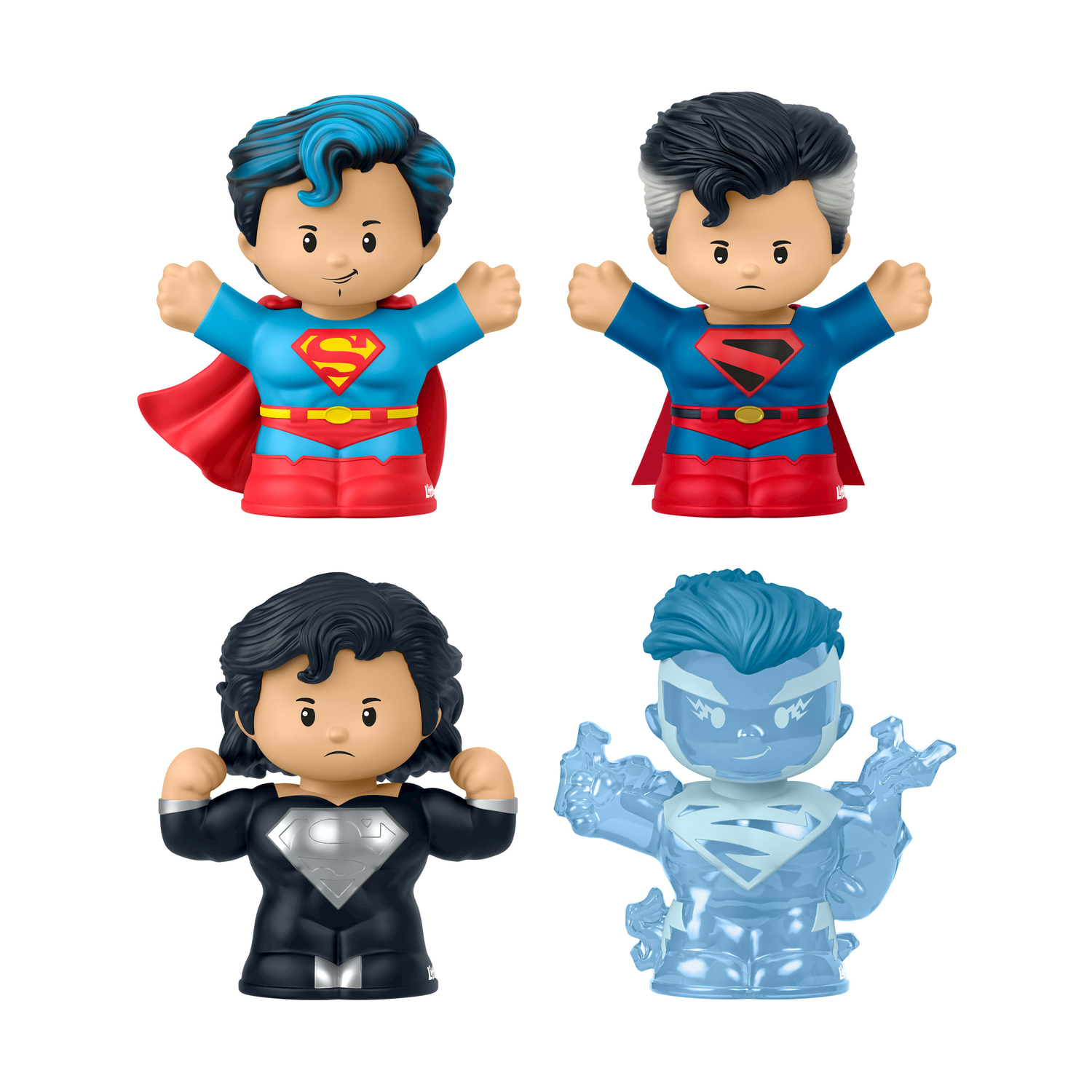 Quattro figure di Superman: classico, capelli bianchi, tuta nera e forma di ghiaccio.