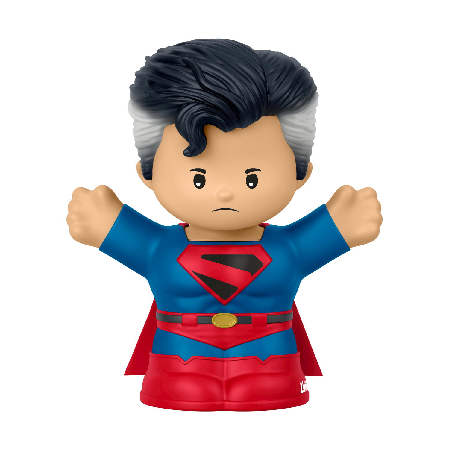 Una figura Little People di Superman con tunica blu, pantaloni rossi, mantello rosso e scudo a S.