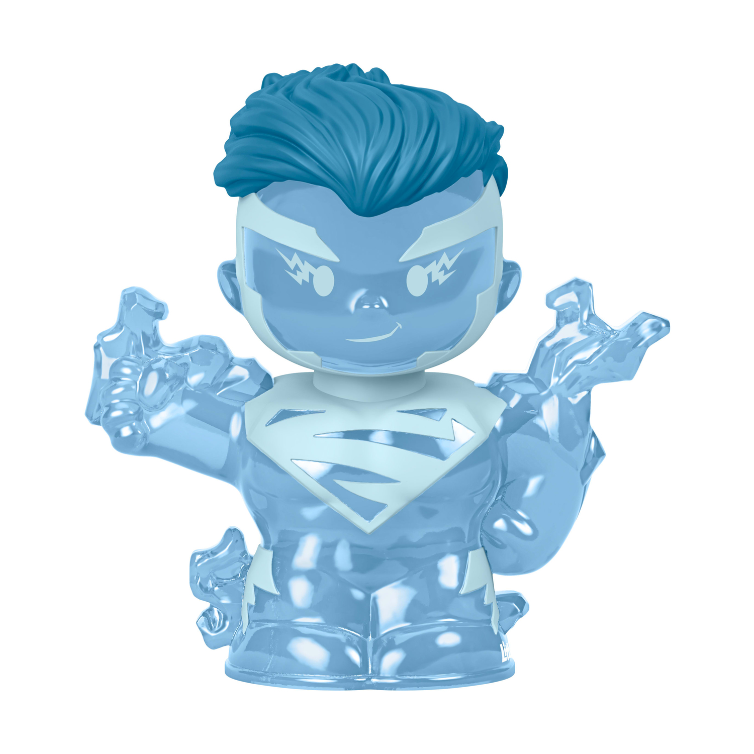 Una figura giocattolo blu traslucida con capelli blu, uno scudo "S" e mani ghiacciate.