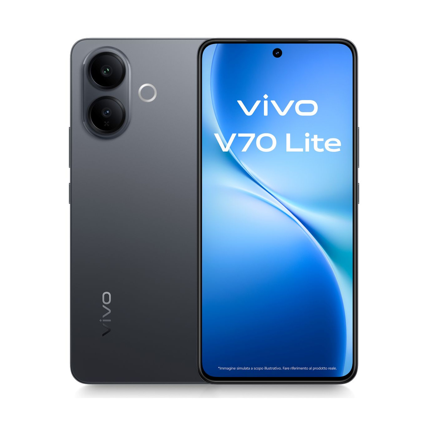 Uno smartphone Vivo V70 Lite grigio, con doppia fotocamera posteriore e schermo.