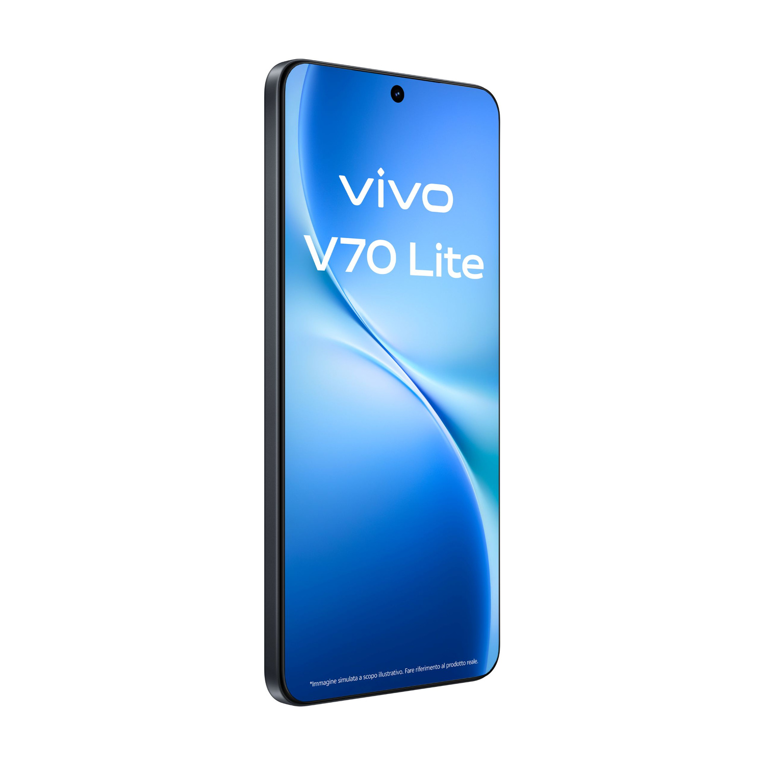 Uno smartphone Vivo V70 Lite nero con sfondo sfumato blu.